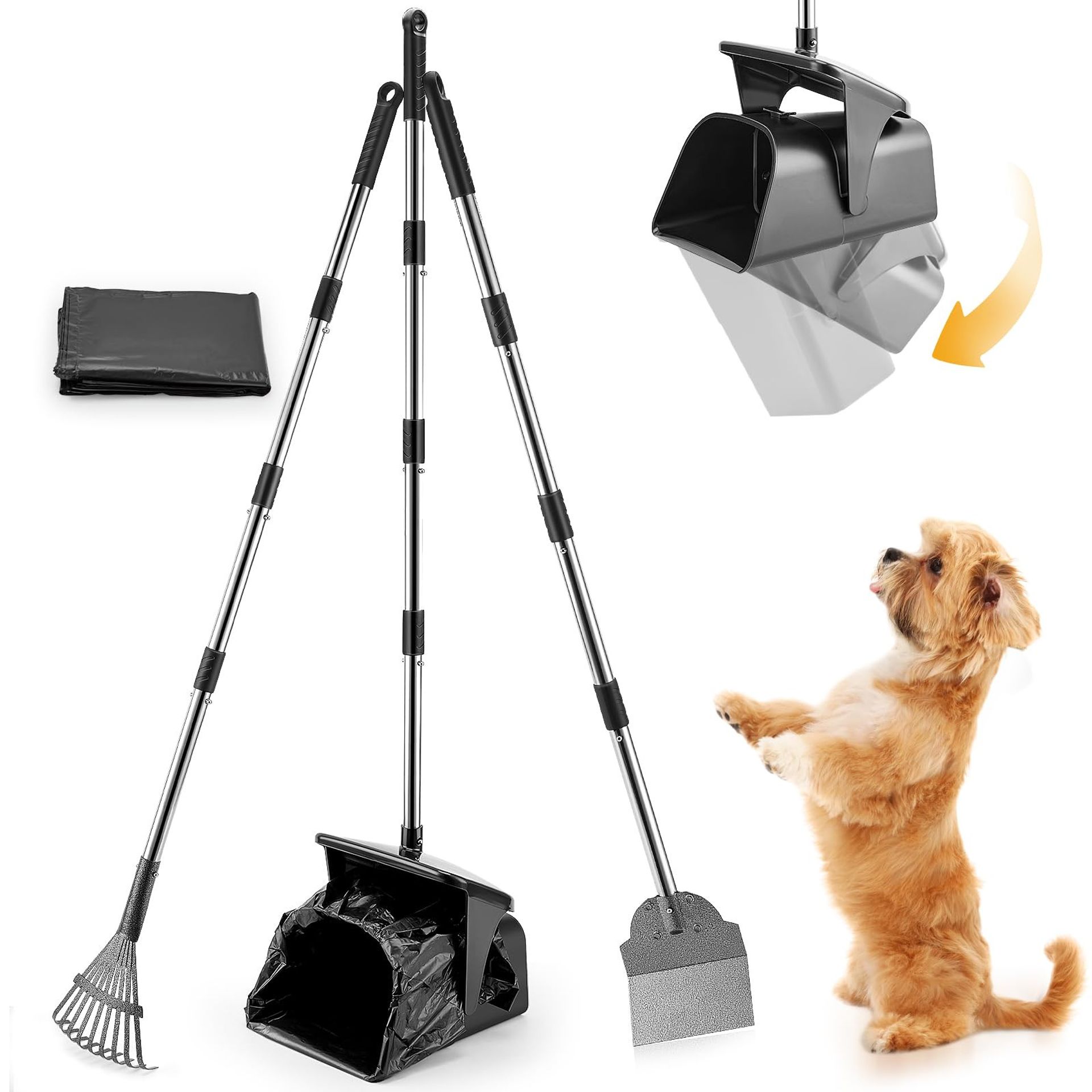 Dog Pooper Scooper Set with Long Handle Bin, Rake & Spade Stainless Steel – Black 3 Piece