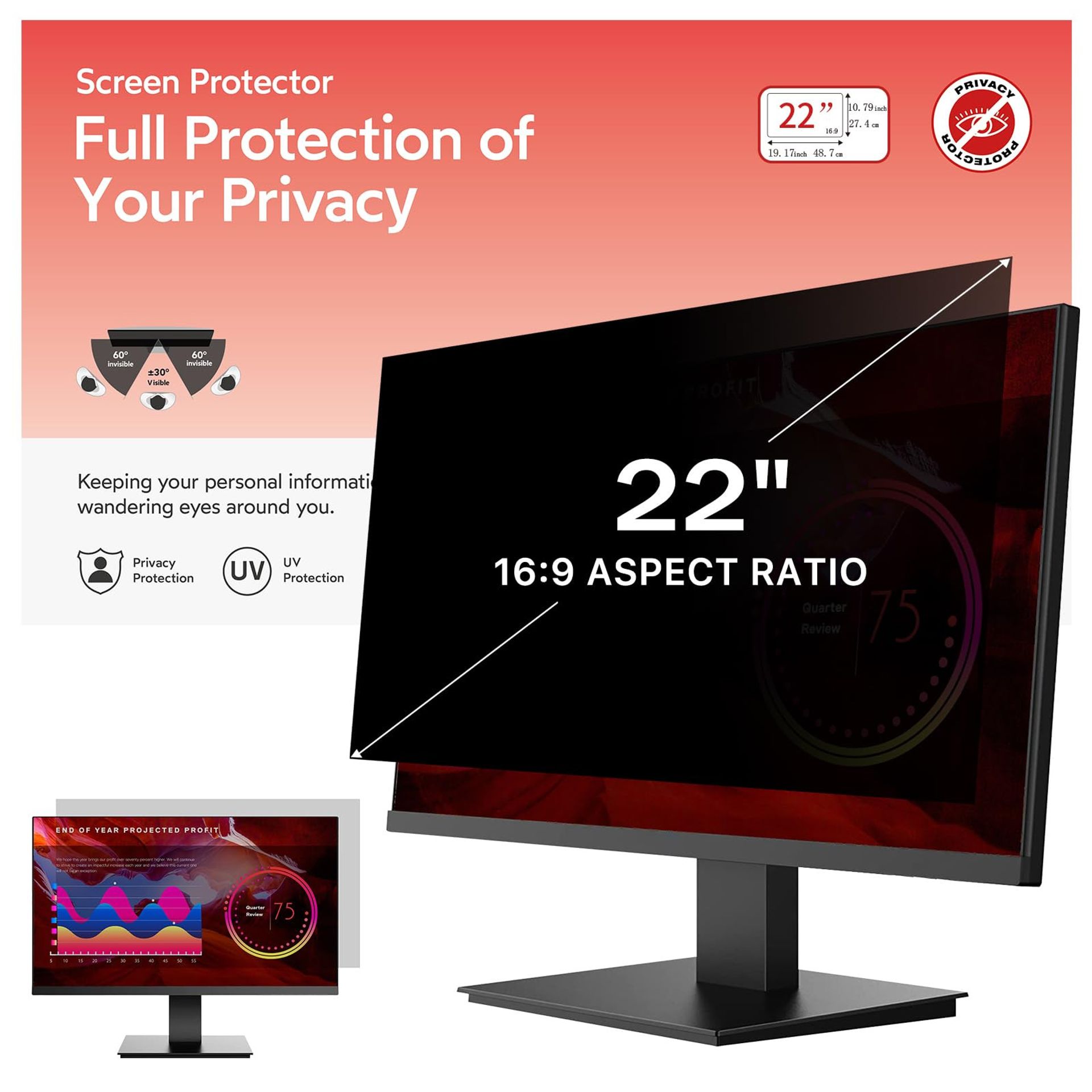 Monitor Privacy Screen Filter Anti-Glare Blue Light UV Blocking - Clear 22 Inch (16:9)