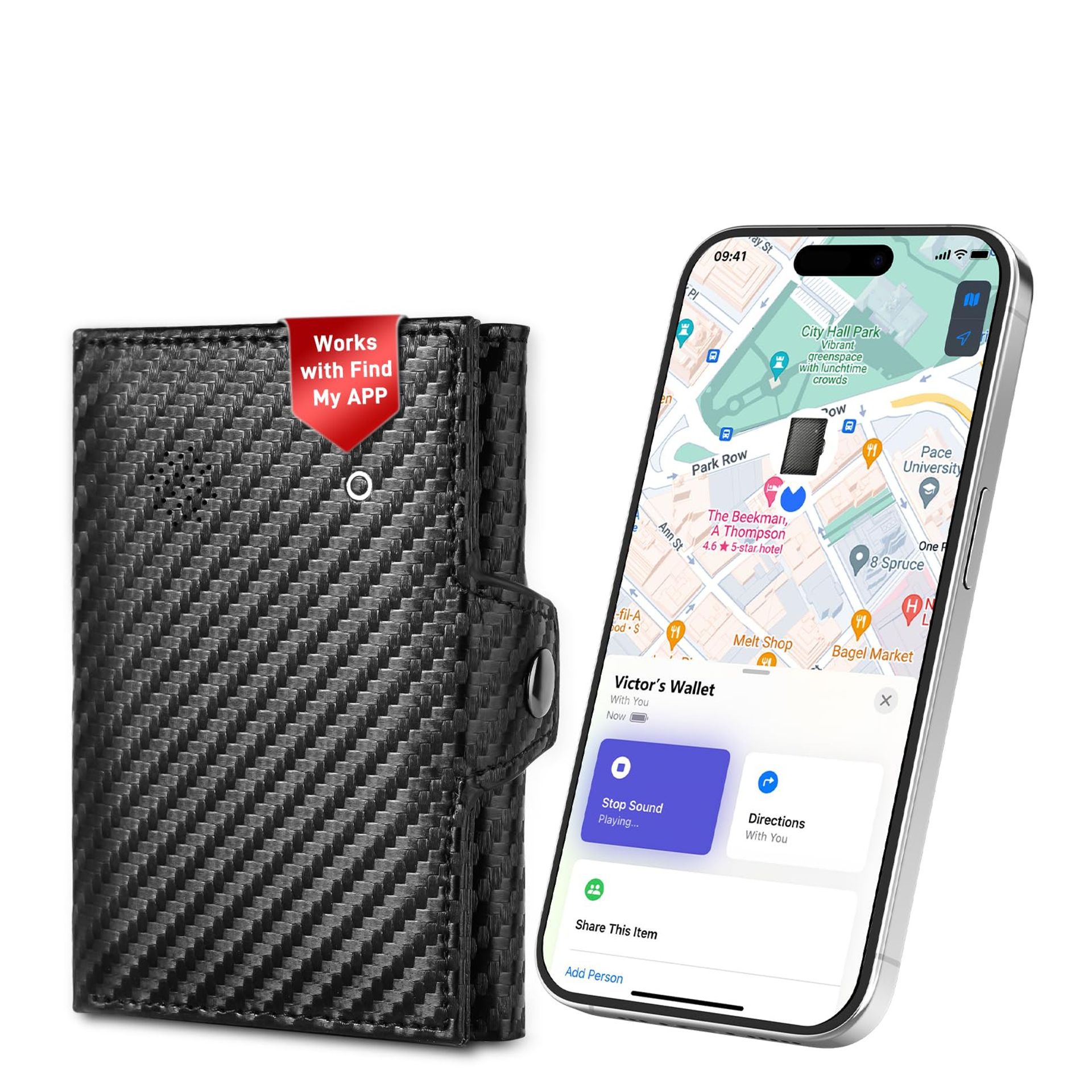 Smart Wallet with iOS Find My Compatibility, RFID Blocking, Coin Pocket, Slim Minimalist Design - Black FindWallet+