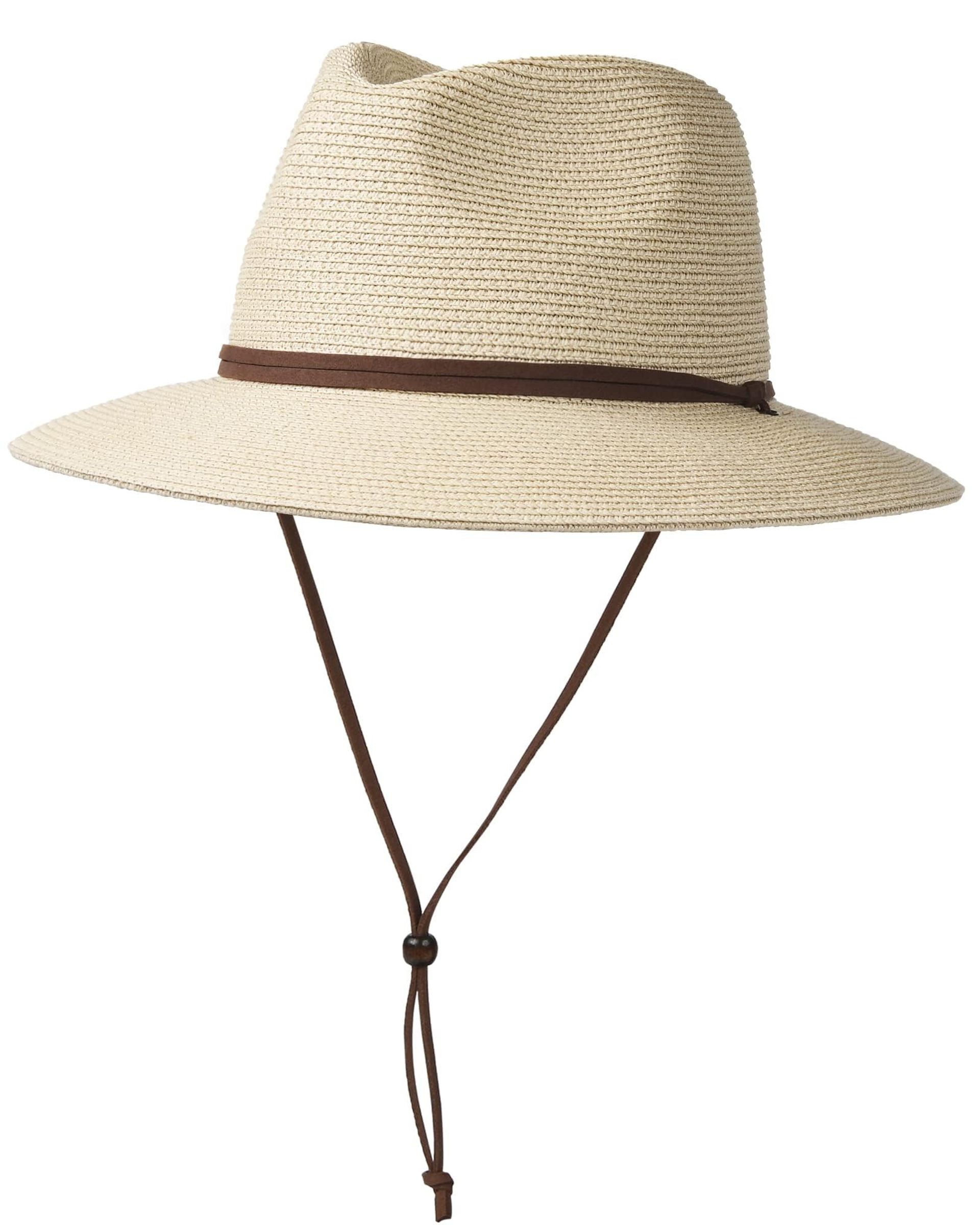 Unisex Summer Straw Sun Hat Wide Brim Panama Fedora with Wind Lanyard - Beige M-L