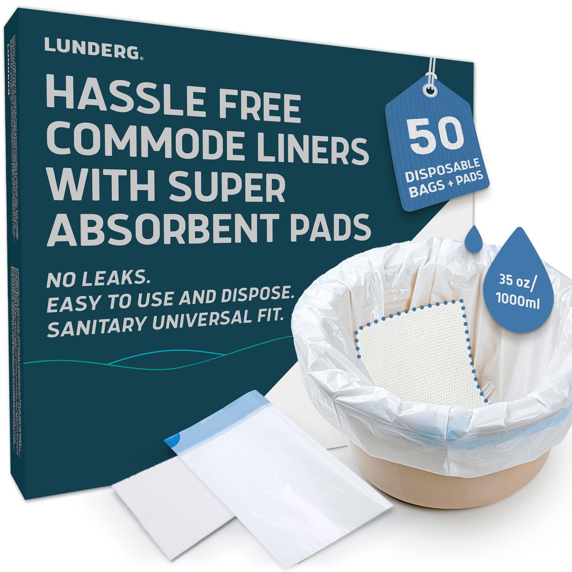 Commode Liners with Absorbent Pads 75 Pack Medical Grade Leak-Proof Universal Fit for Bedside, Camping & Portable Toilets - White 75 Count