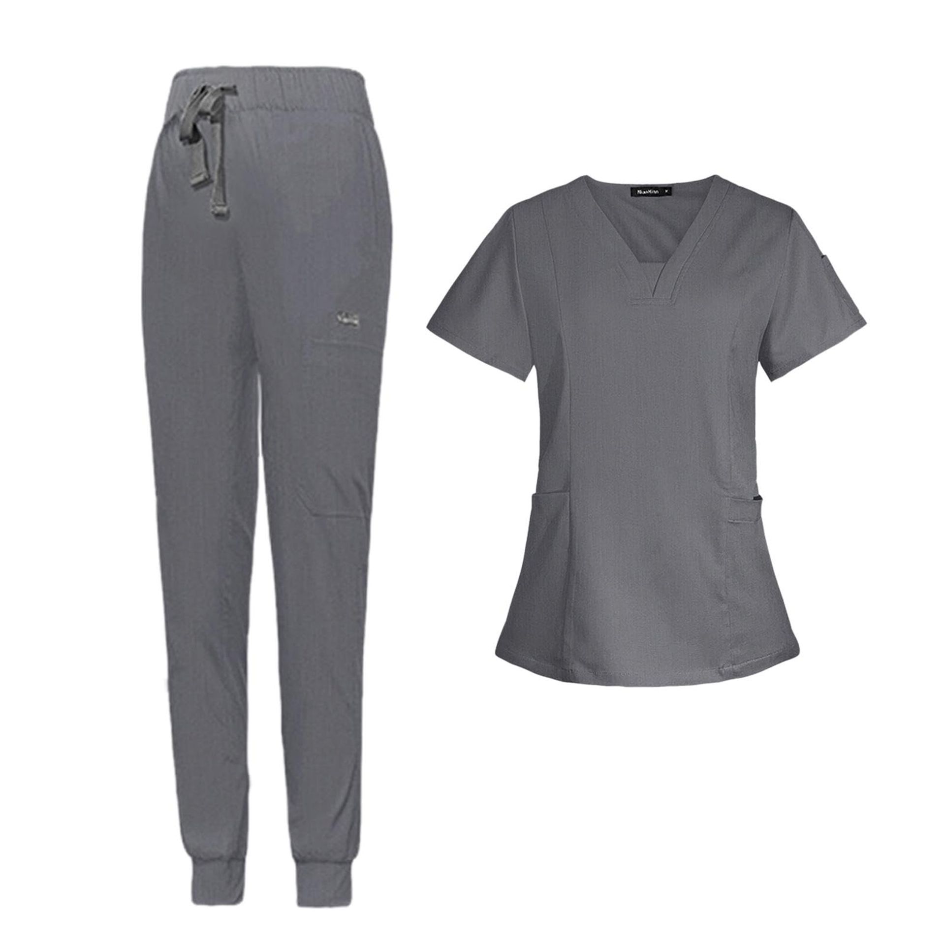 Men's and Women's Scrubs Set V-Neck Top & Drawstring Pants Soft Breathable Workwear - Grey XL