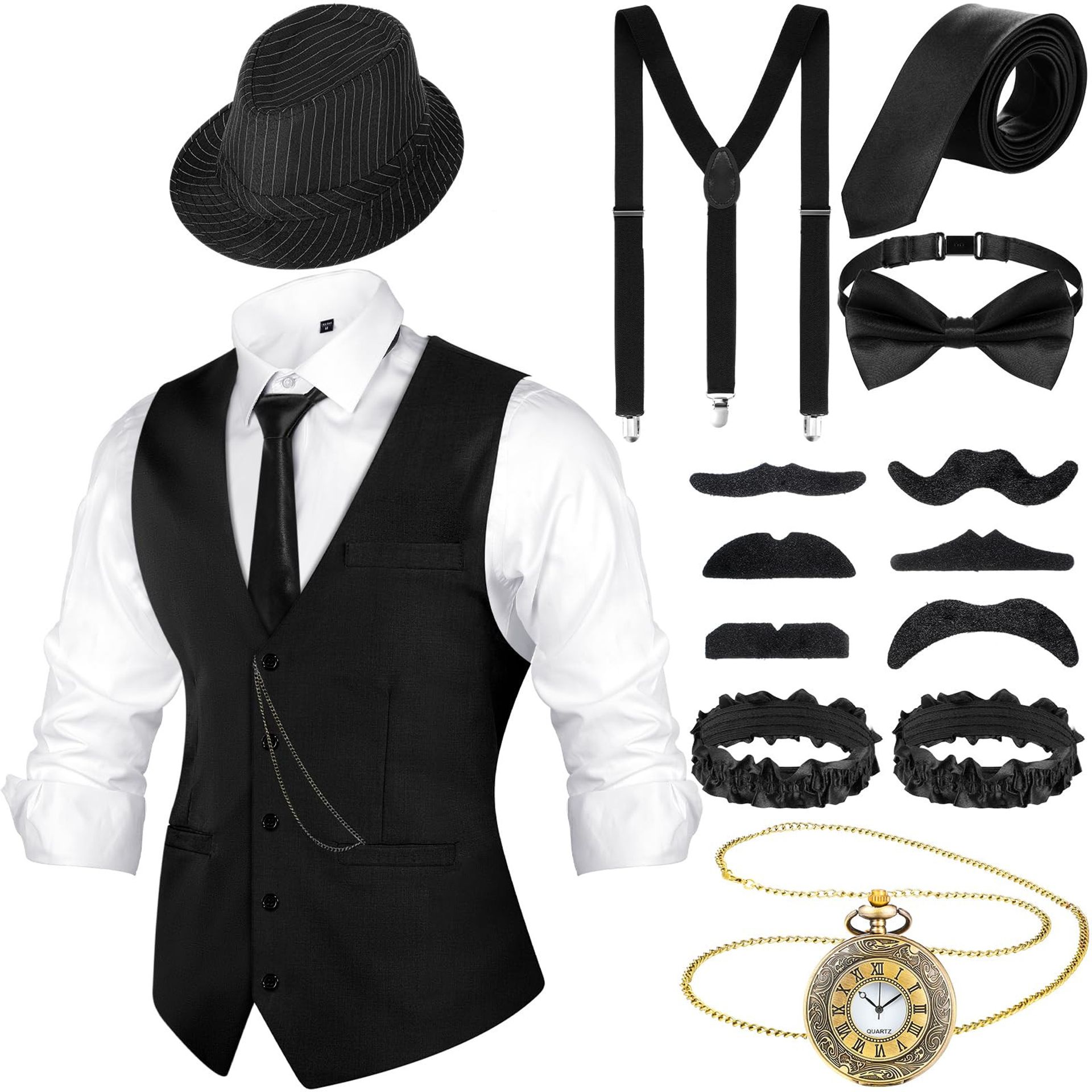 Men's 1920s Gangster Costume Set with Vest, Fedora Hat, Suspenders, Pocket Watch & Accessories - Black Medium