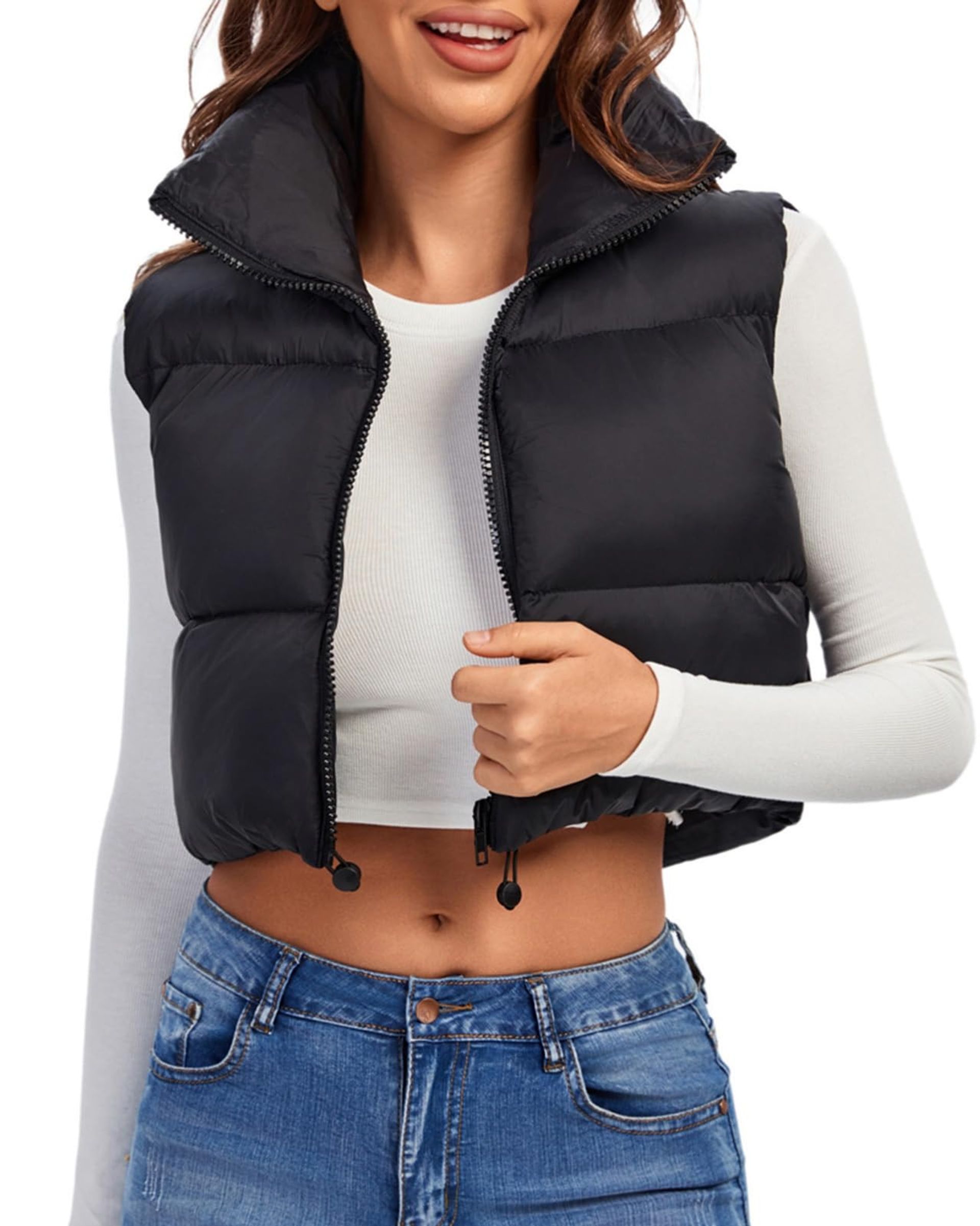 Women's Padded Gilet Lightweight Cropped Vest with High Stand Collar and Zip Front - Black 10-12