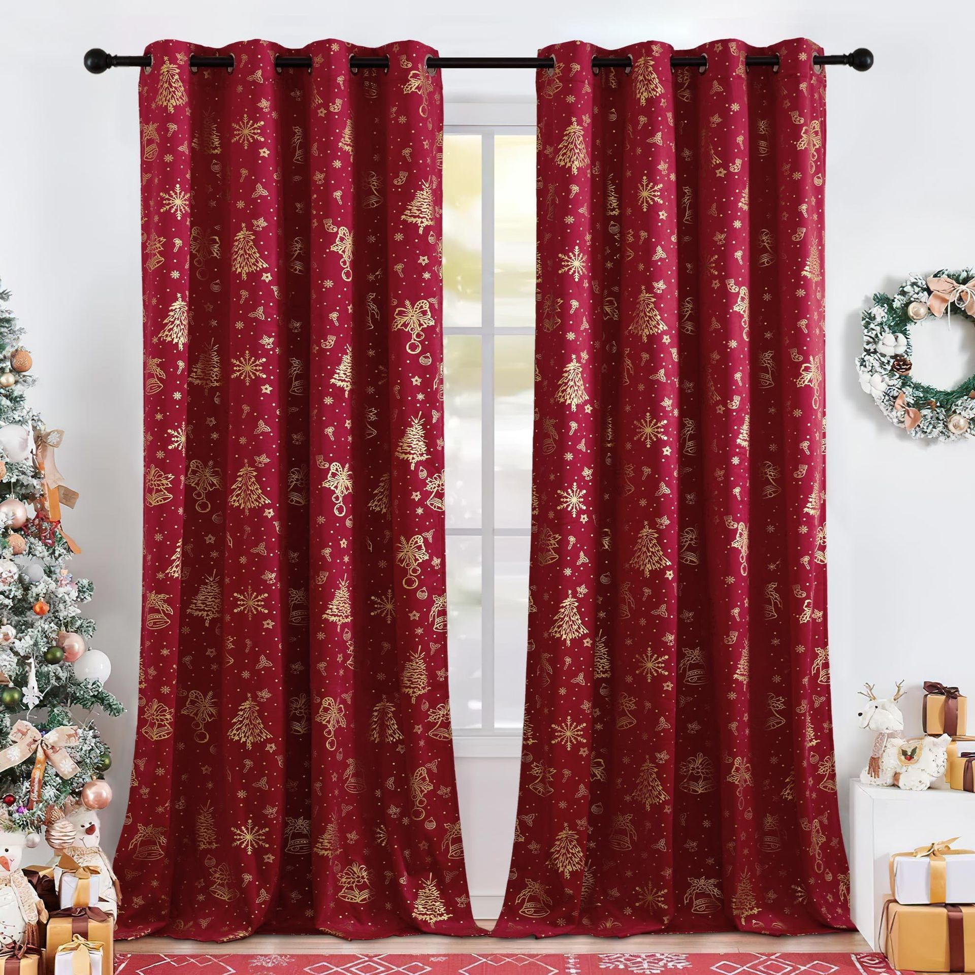 Christmas Curtains Foil Printed Gold Eyelet Blackout Bells & Snowflakes Pattern for Living Room & Bedroom - Christmas Red W52 x L72 (2 Panels)