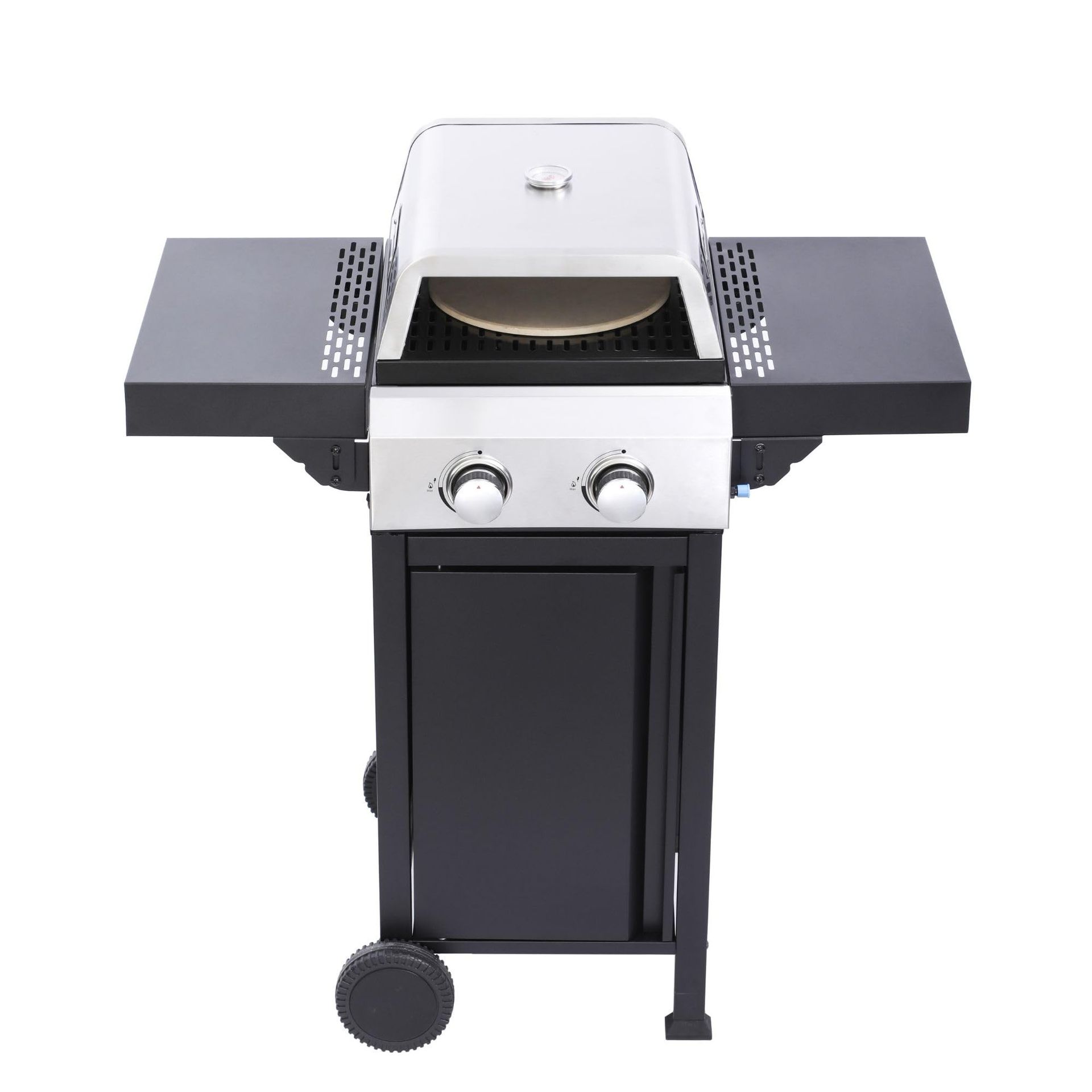 2 Burner Gas BBQ with Pizza Oven Cast Iron Grids & Foldable Shelves - Black V01GQ012
