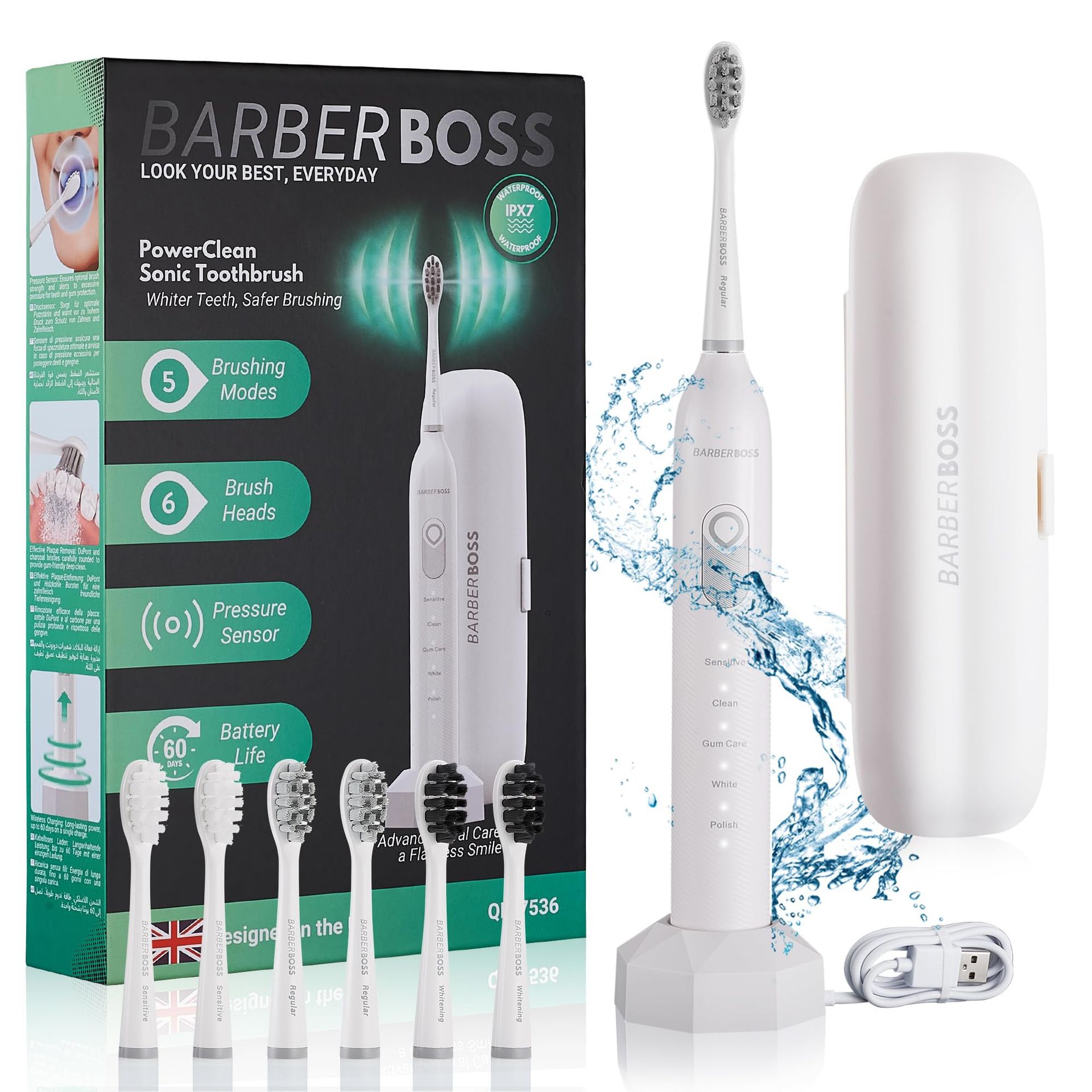 Electric Toothbrush for Adults with 5 Cleaning Modes, 6 Brush Heads, Pressure Sensor, Smart Timer & Travel Case - White QR-7536