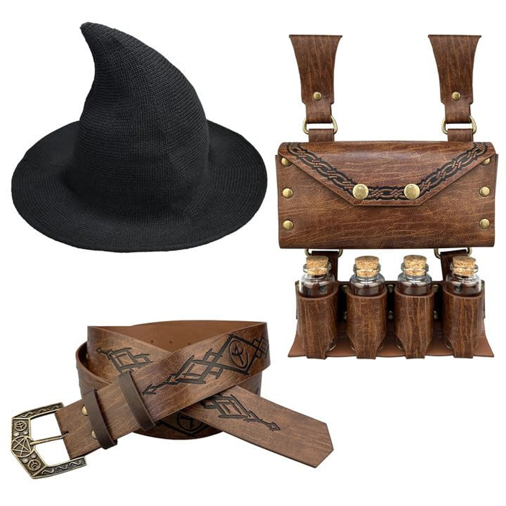 Medieval Alchemy Belt and Waist Pouch Combo with Potion Bottles for Cosplay and LARP - Brown 17cm Style A