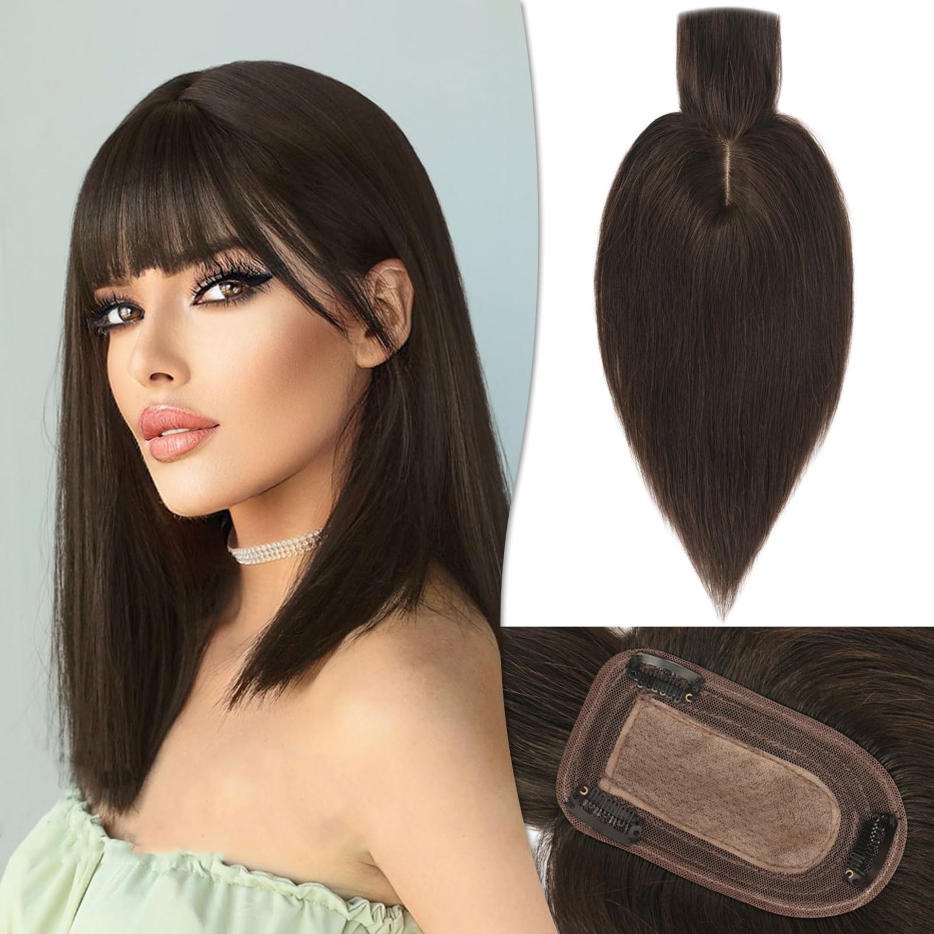 Human Hair Topper with Bangs 100% Real Hair Clip-In Wiglet for Women Thinning Hair 7.5x13cm Silk Base - Natural Black 14 Inch