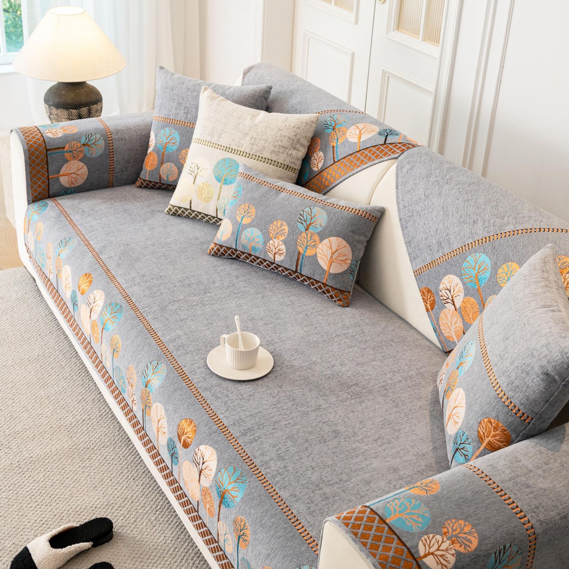 Sectional Sofa Cover Boho Print Washable Non-Slip Slipcover for 2-3 Cushion Couch L-Shaped with Pet Protection - Light Brown 35"x71"