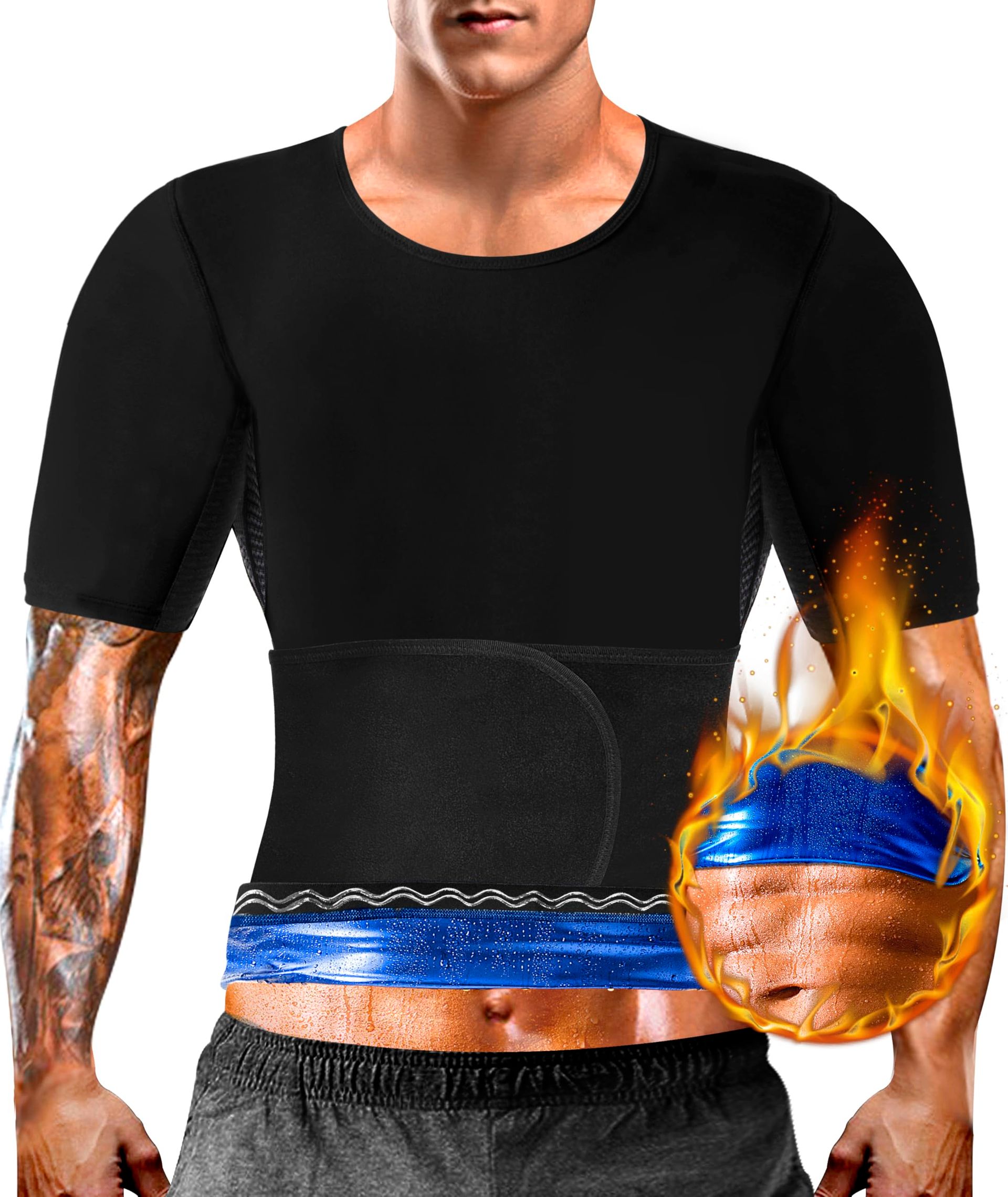 Men's Sauna Sweat Shirt Heat-Trapping Slim Fit Workout Top with Adjustable Waist Belt and Breathable Design - Black-Blue Lining L