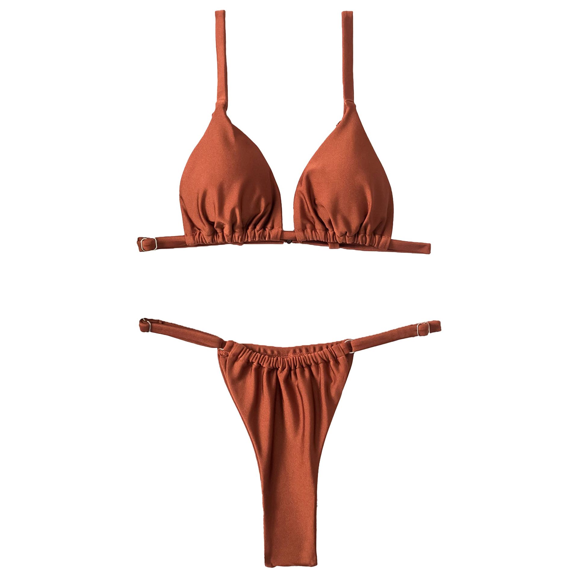 Women's Triangle Bikini Set High Cut Thong Two Piece Glitter Swimwear - Brown L