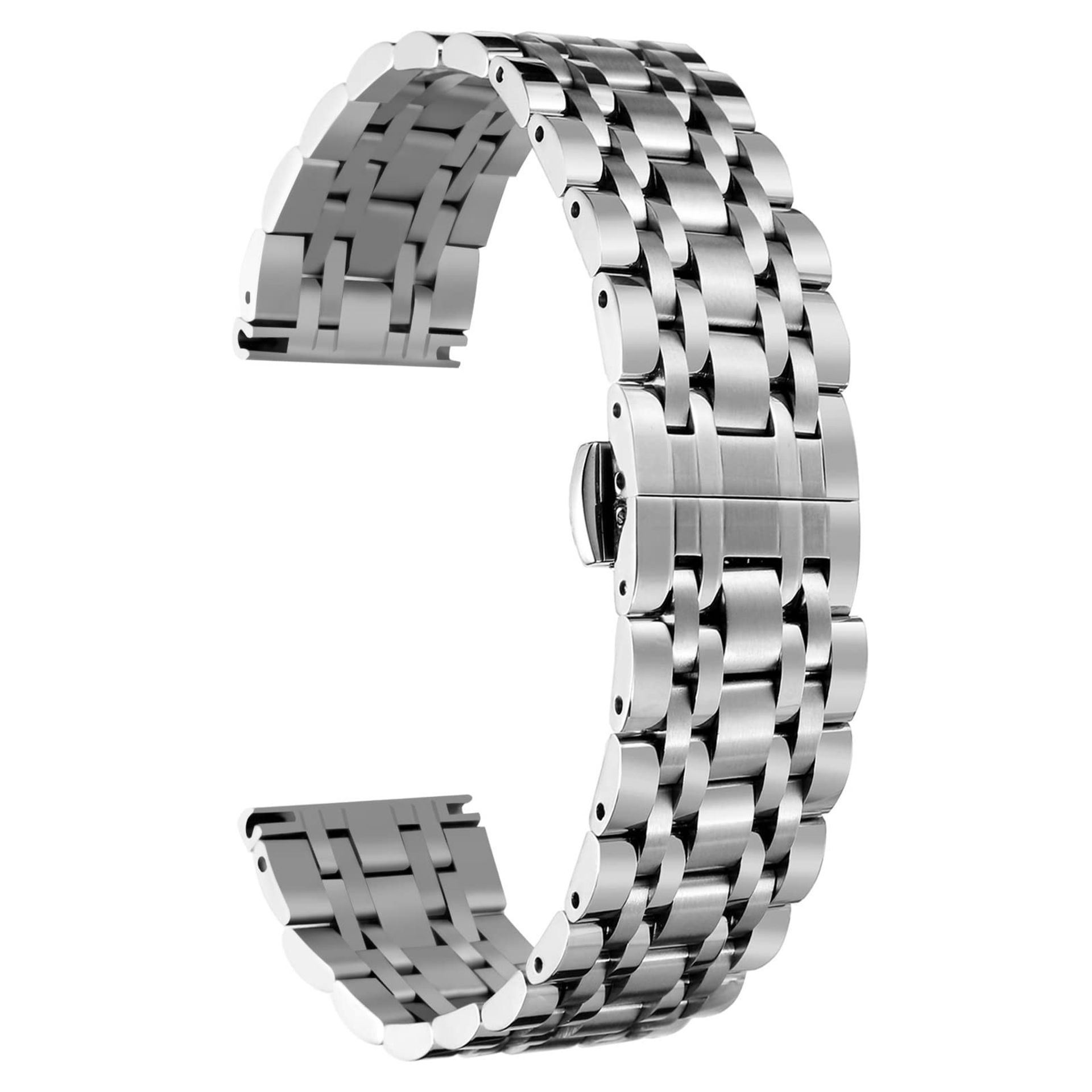 Stainless Steel Watch Band Premium Solid Replacement Strap for Men & Women with Stainless Steel Buckle and Link Design - Silver 19mm