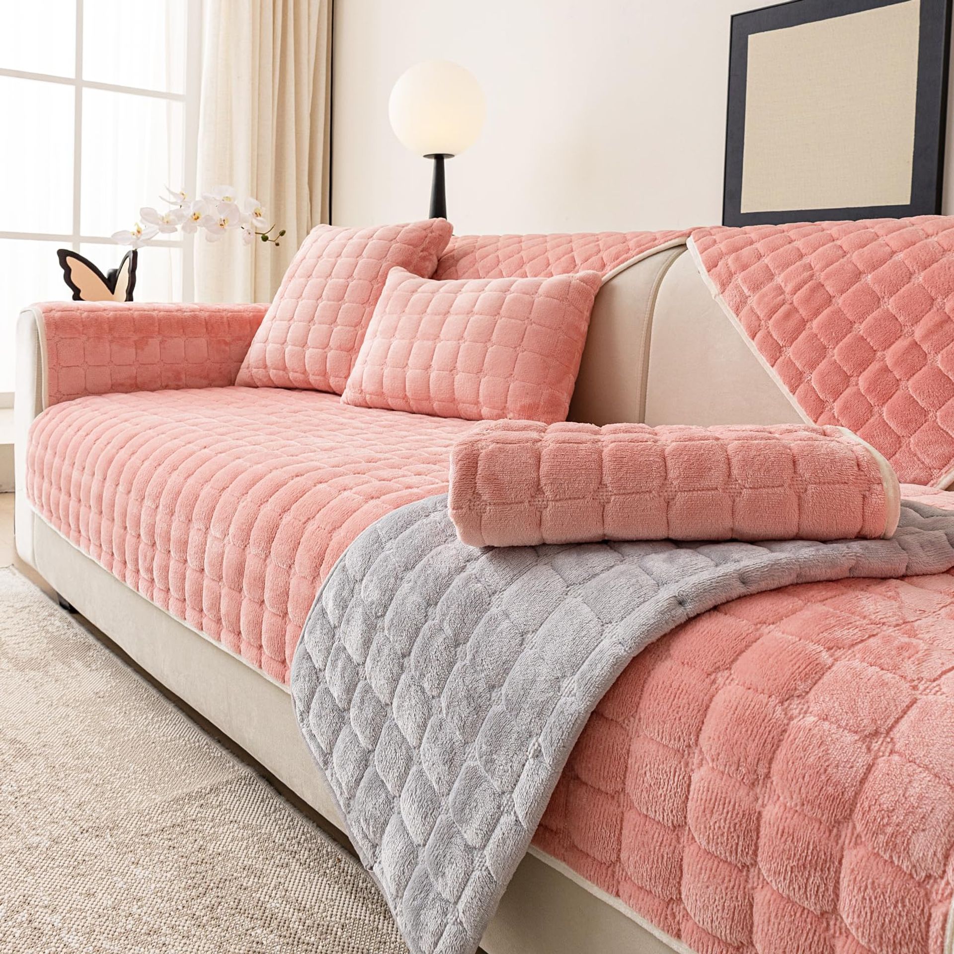 Velvet Sofa Cover Fuzzy Plush Couch Protector Non-Slip Washable for 2 Cushion Sofa - Pink 35"x63" - Valentines