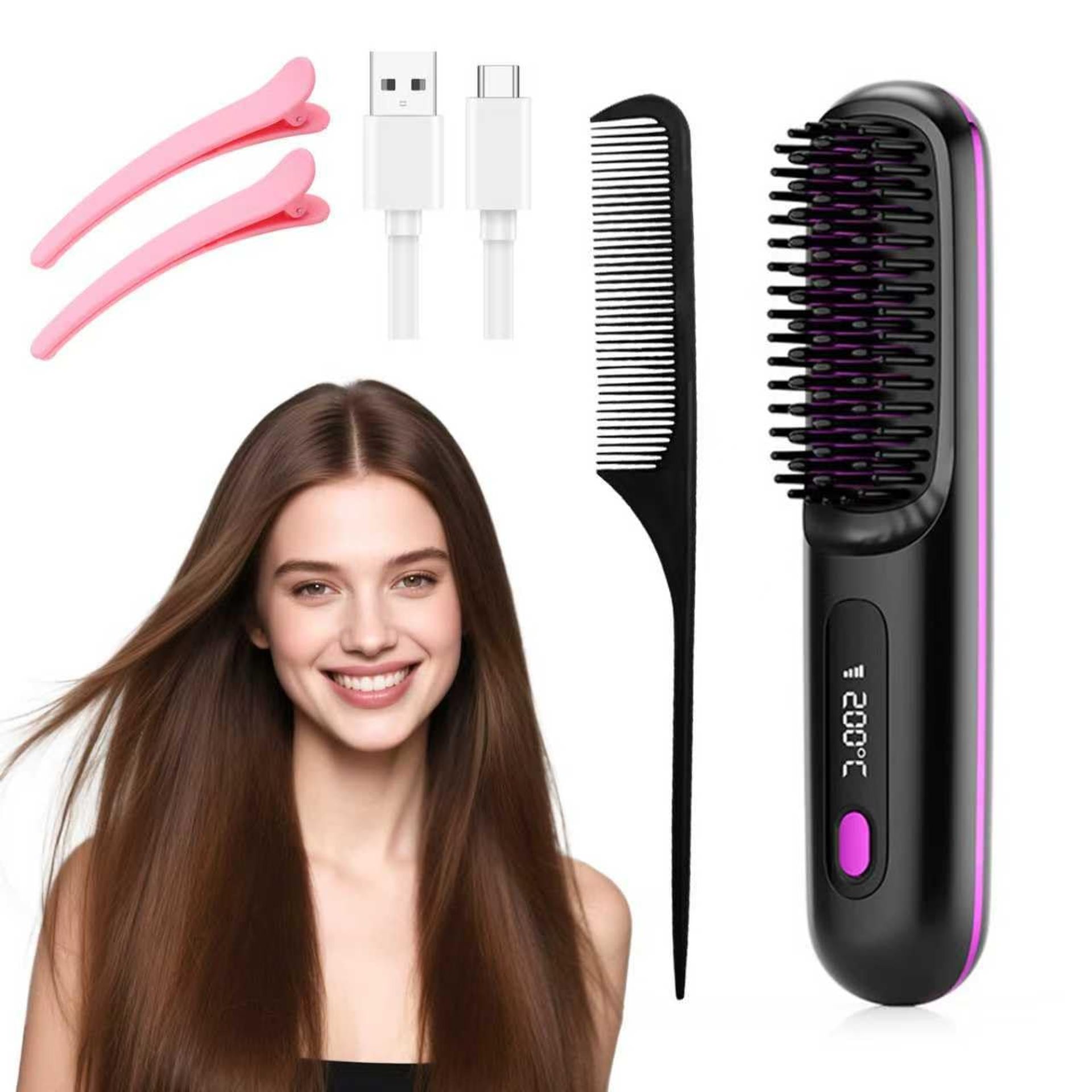 GlowWave Heated Hair Brush USB Rechargeable 3 Heat Settings Ceramic Anti-Scald LED Display Portable Travel Styler - Pink Short Hair