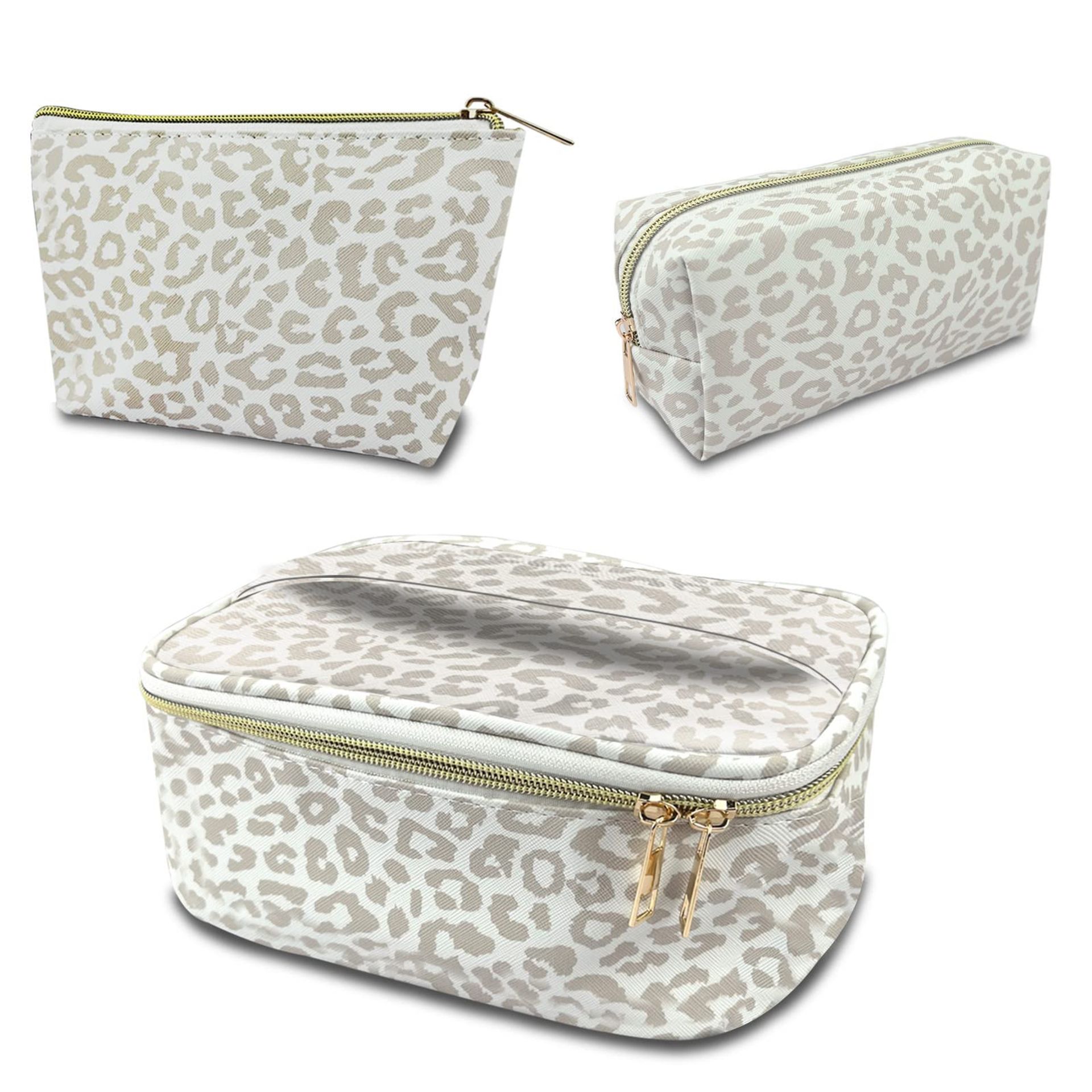 3 Piece Travel Makeup Bag Set Waterproof PVC Cosmetic Toiletry Organiser for Women and Girls - K2-Gray White Leopard Cheetah