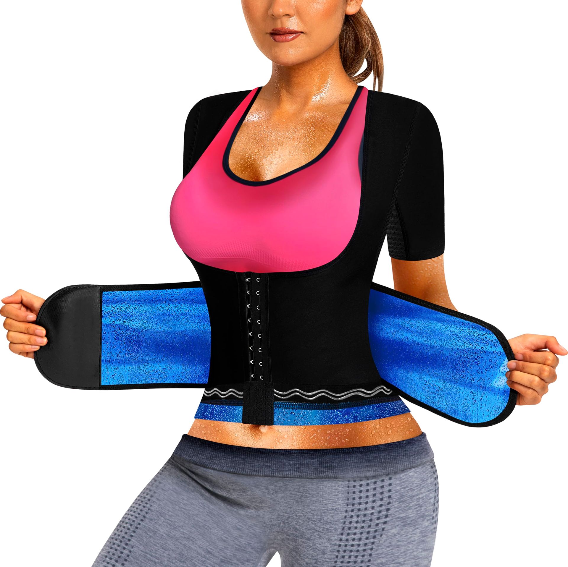 Women's Sauna Sweat Shirt Heat Trapping Workout Vest Adjustable Waist Double Non-Slip Silicone - Black Long Sleeve XL