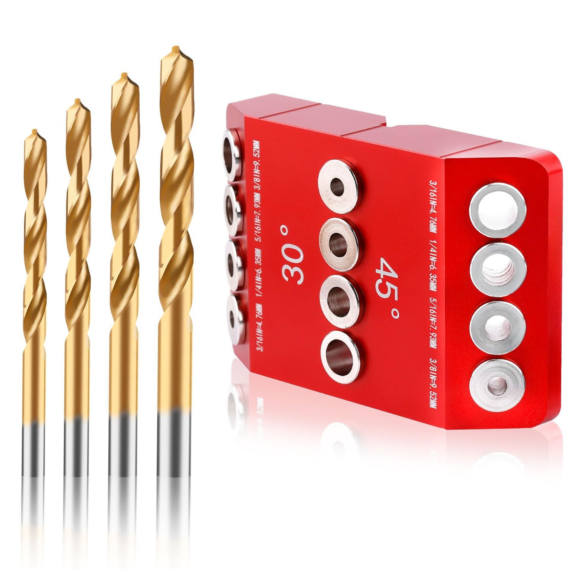 Drill Hole Guide Jig Set 30° 45° 90° Angle Pocket Hole Jig with 4 Drill Bits and Fixture Kit for Woodworking - Silver Aluminium Alloy