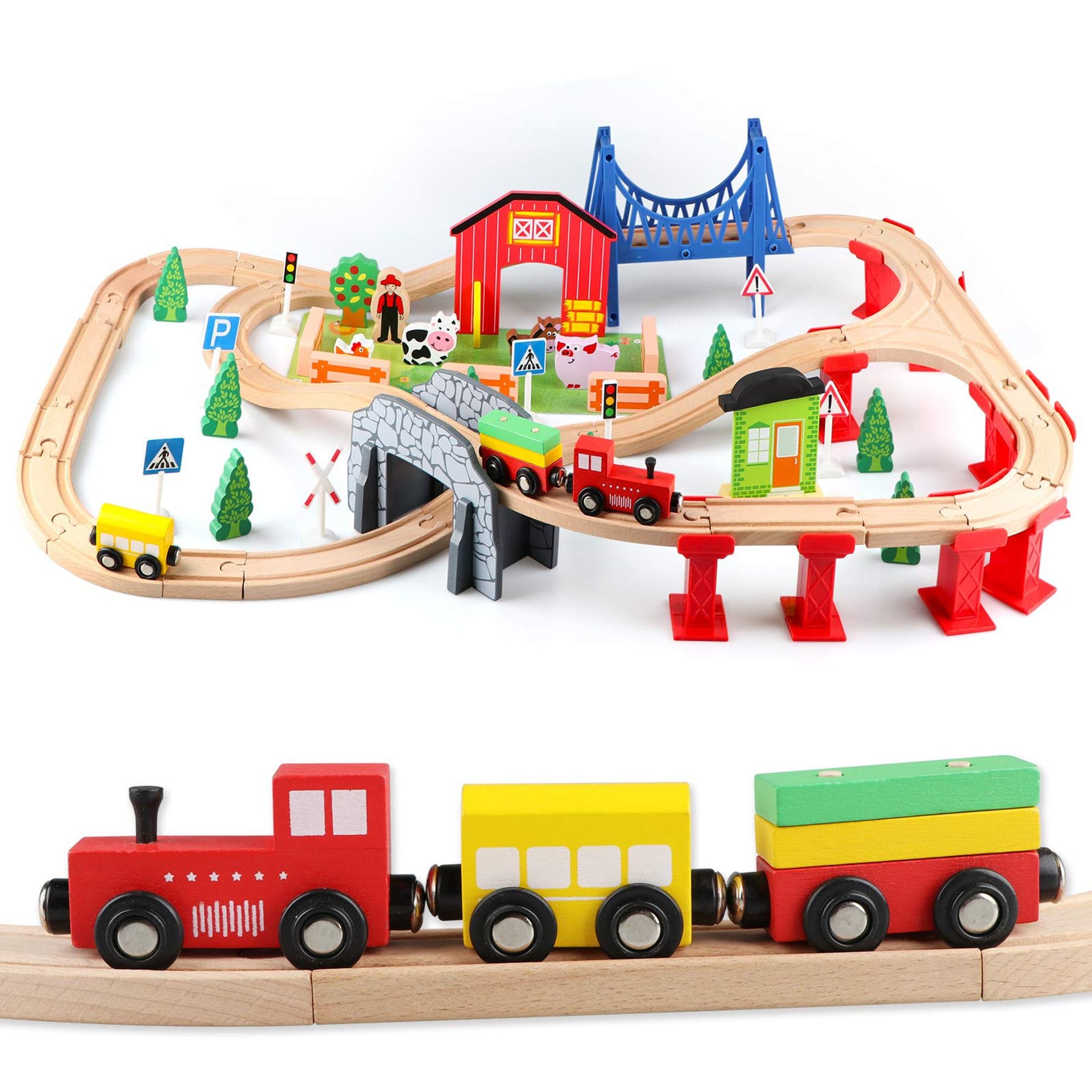Wooden Train Track Set 80PCS Magnetic Trains Educational Construction Toy for Kids 3+ Compatible with Major Brands - Multicoloured 3-5 Years