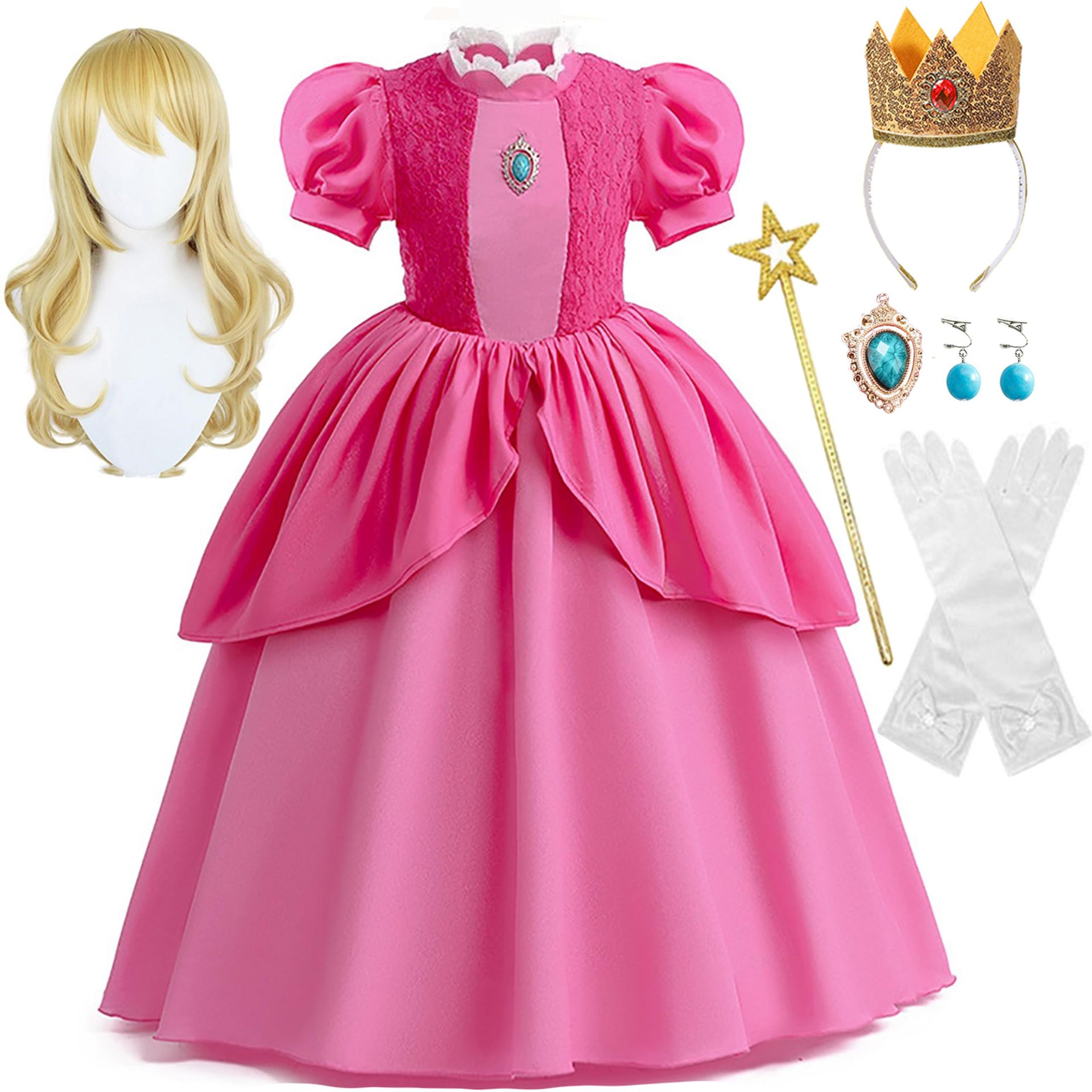Girls Princess Fancy Dress Costume with Accessories Crown Wand Gloves Wig - Pink 3-4 Years