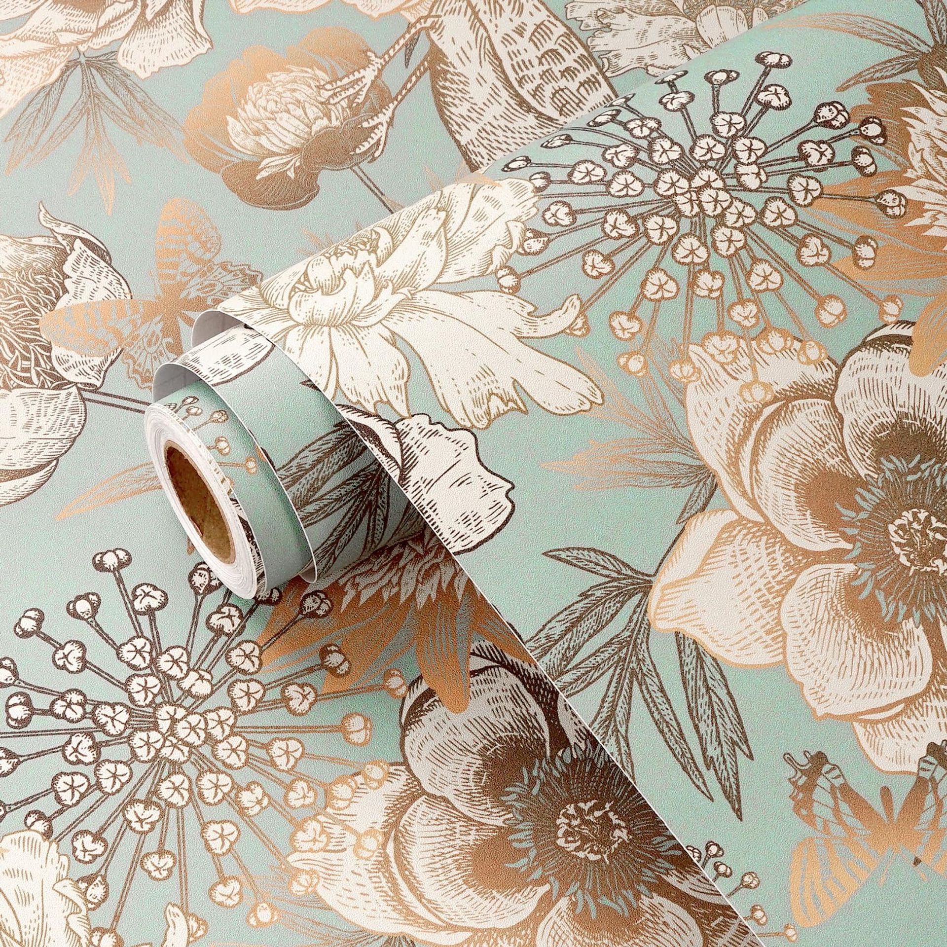 Floral Self Adhesive Wallpaper Vintage Bird & Flower Pattern Vinyl Wrap for Walls and Furniture - Green Gold 44.5 x 1000cm - Student Essentials