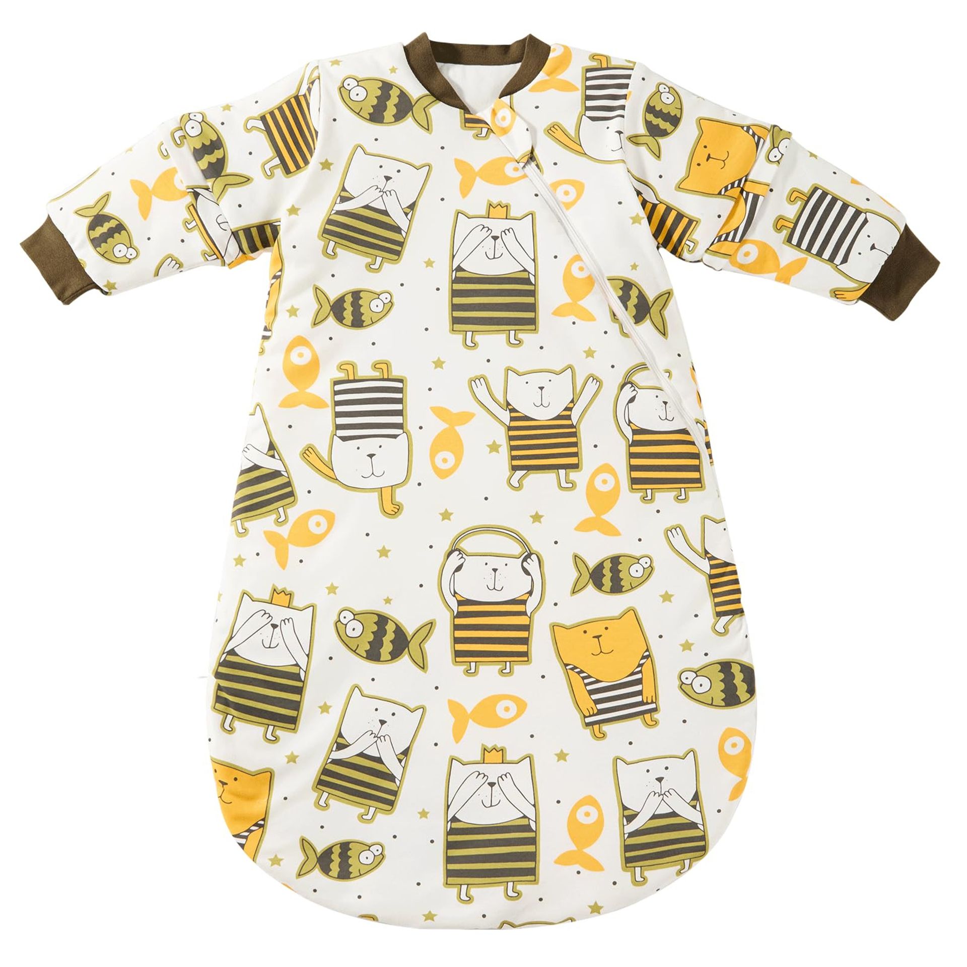 Baby Sleeping Bag 3.5 TOG Winter Wearable Blanket with Removable Sleeves Super Soft Cotton Sleep Sack - Brown Cat Fish M (3-7 Months)