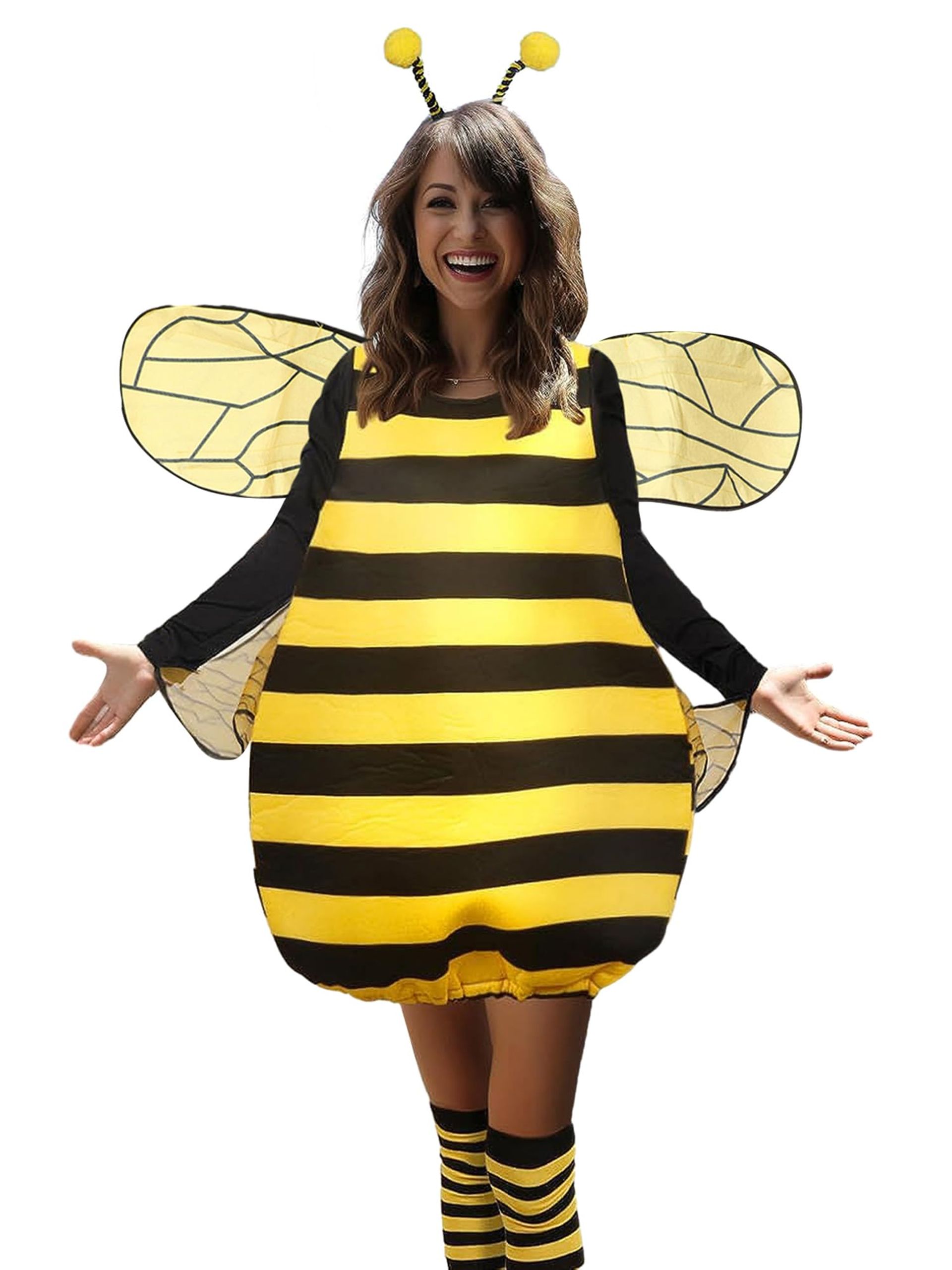 Women's Bumble Bee Fancy Dress Costume Set with Wings, Headband & Leg Sleeves - C-Yellow L