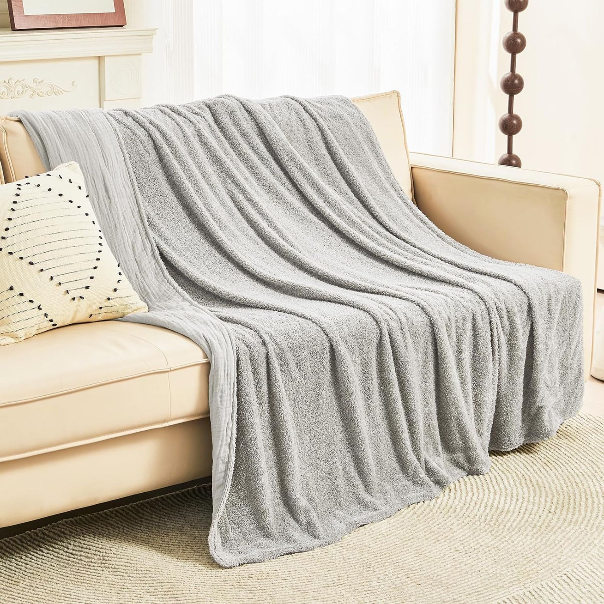 Knitted Fluffy Fleece & Cotton Muslin Throw Blanket Soft Lightweight for Sofa, Bed or Couch - Grey Throw - Spring Refresh