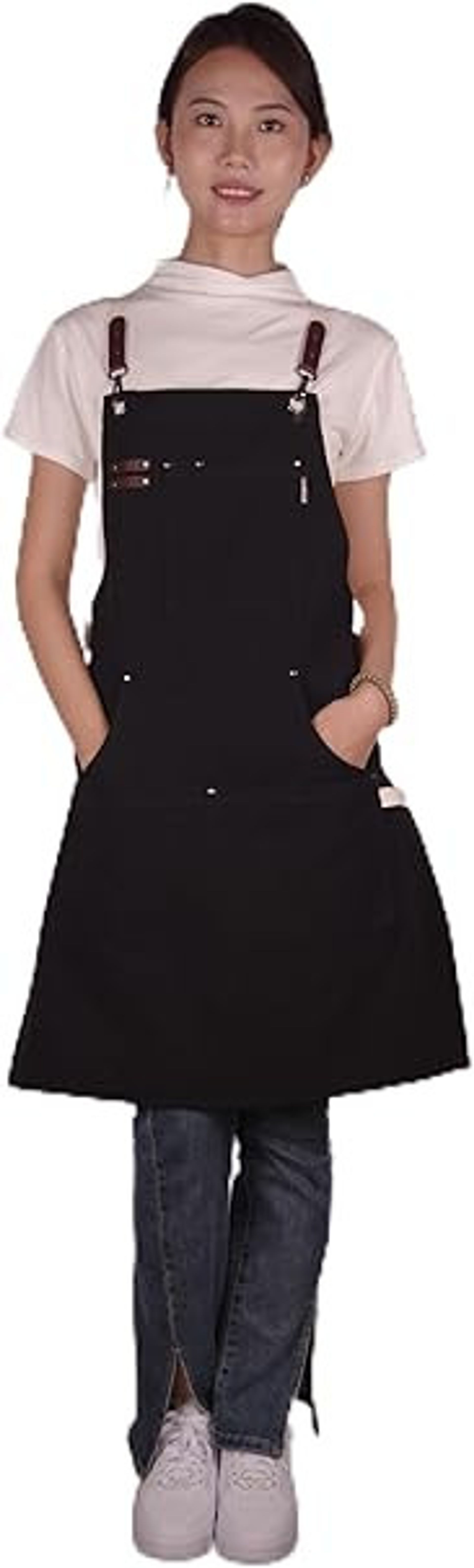 Work Apron Heavy-Duty Canvas Adjustable Cross Back with Multi Pockets, Zipper, Tape Measure Clip for Men & Women - Black 27In*36In