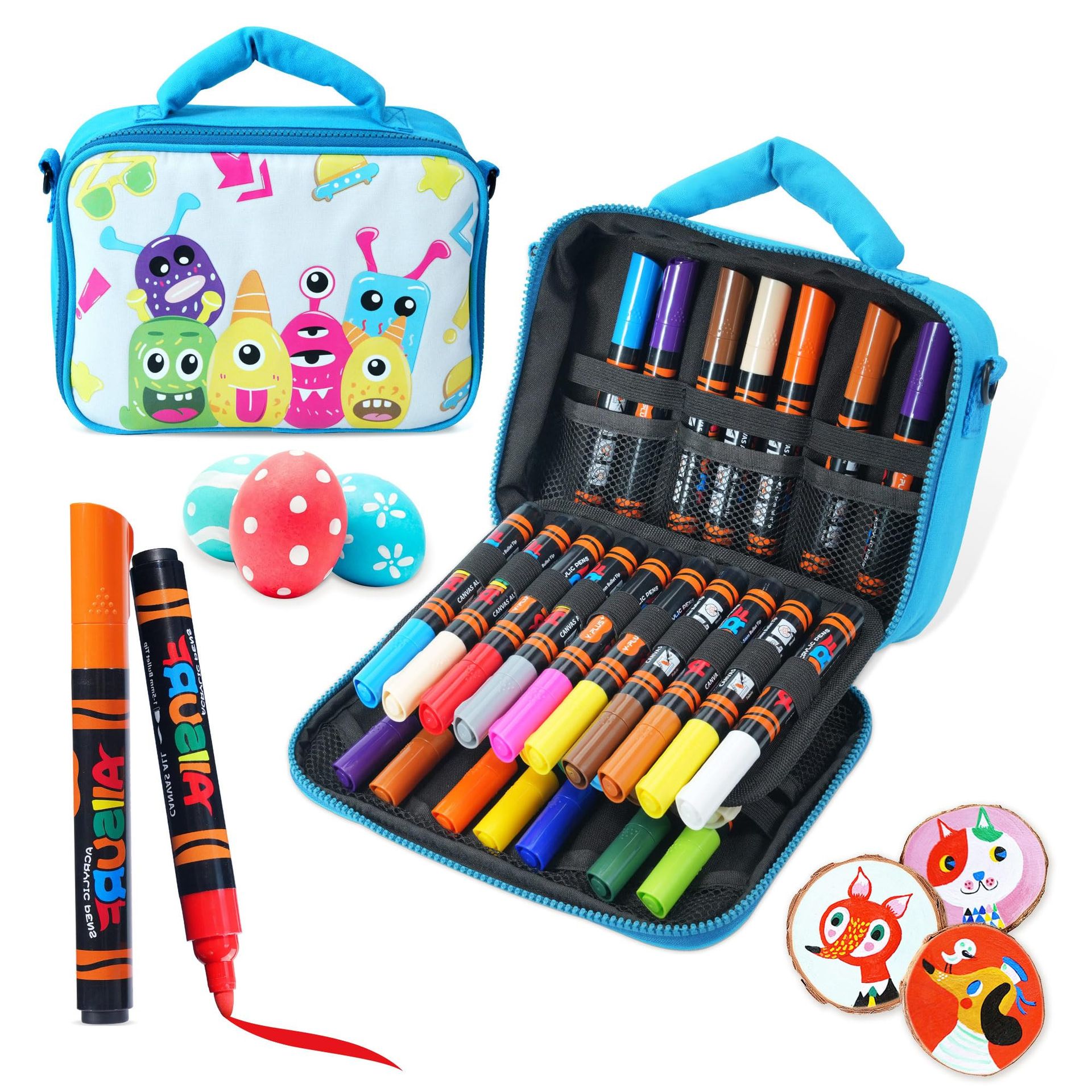 Acrylic Paint Pens Permanent Fabric Markers Waterproof for Kids and Adults 24 Colours with Carry Bag - Blue Pack of 24