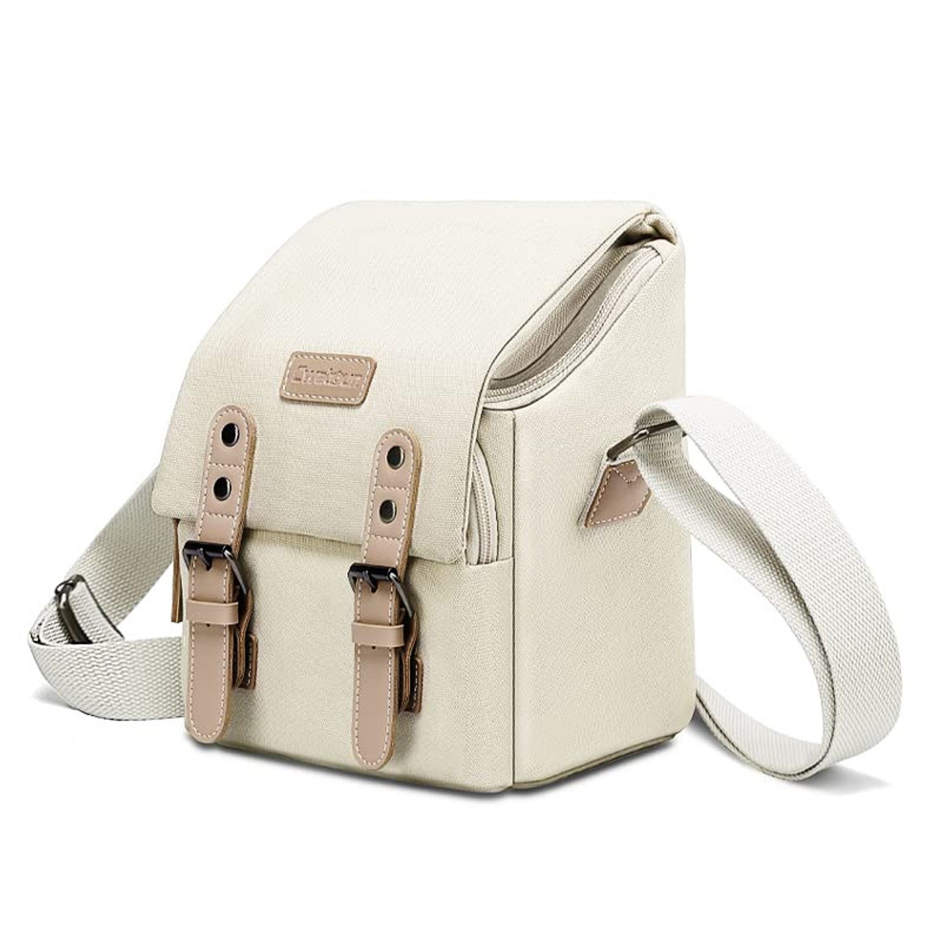 Compact Camera Shoulder Bag Water-Resistant Canvas Leather Trim Messenger Case for Mirrorless and DSLR Cameras - White M