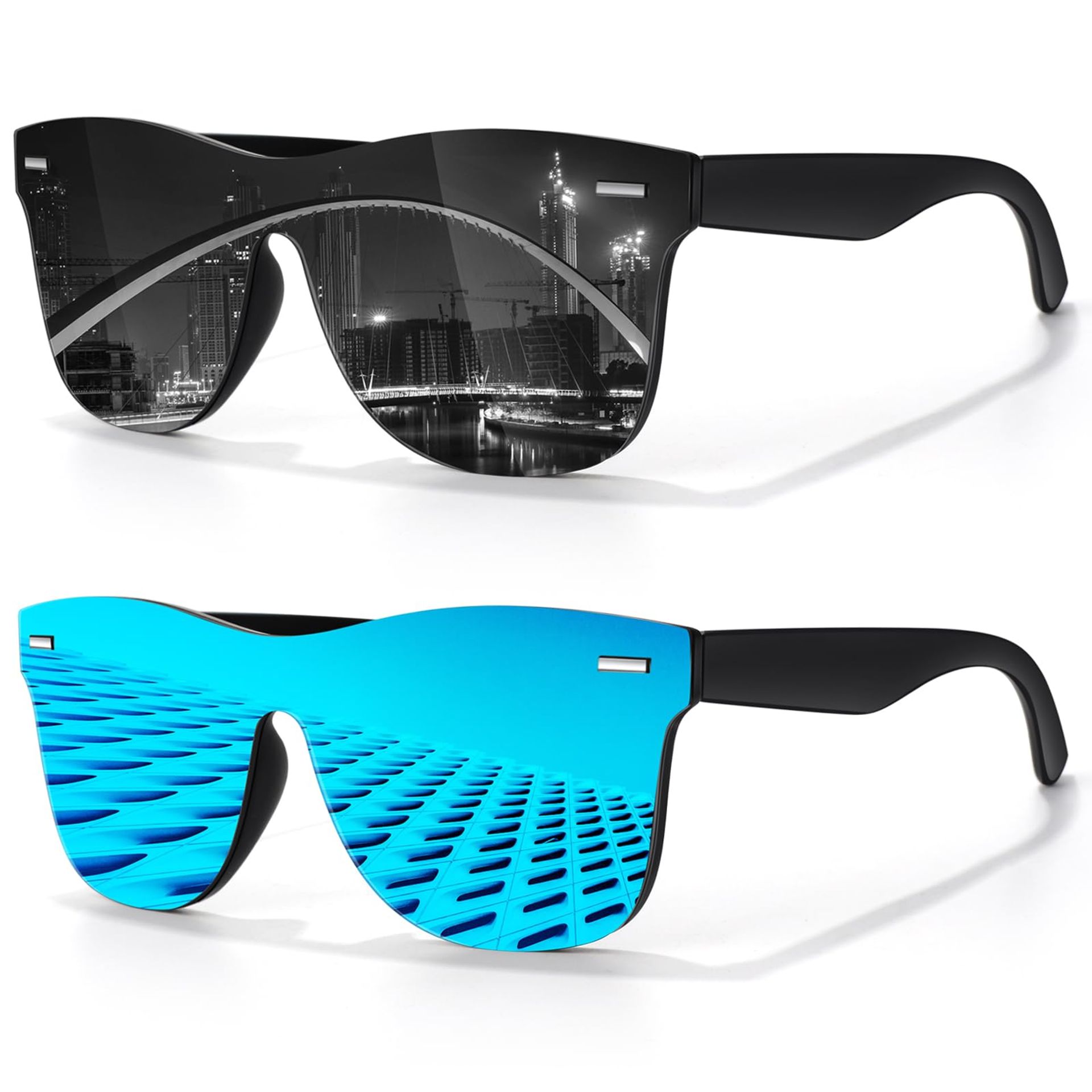 Polarised Sunglasses for Men and Women UV400 Protection One Piece Mirrored Shades for Driving and Fishing - (2 Pack) Black Grey & Black Ice Blue M