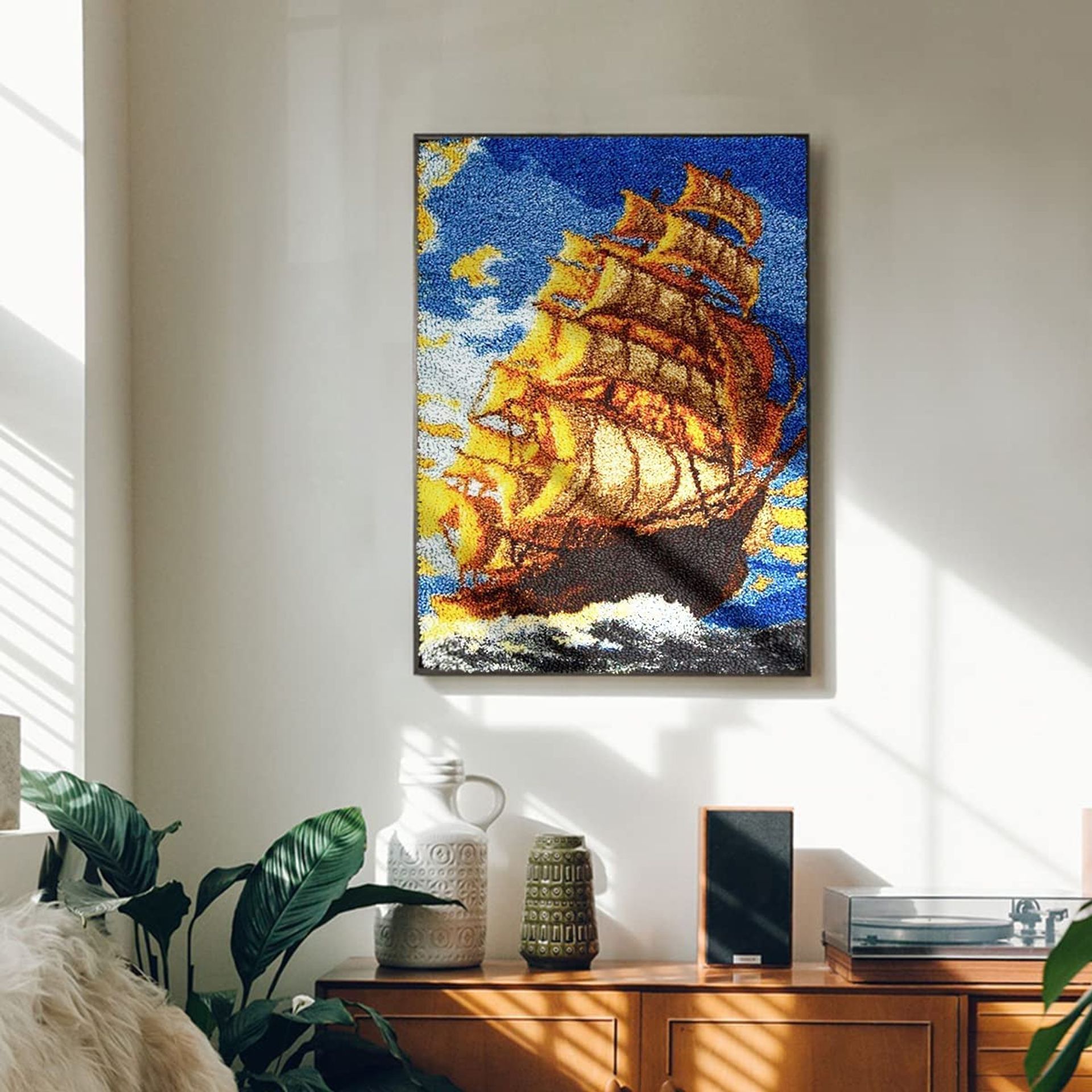 DIY Latch Hook Rug Kit Nautical Sailing Ship Pattern Wall Hanging Carpet for Home Crafts - Full-rigged Ship 60x40cm