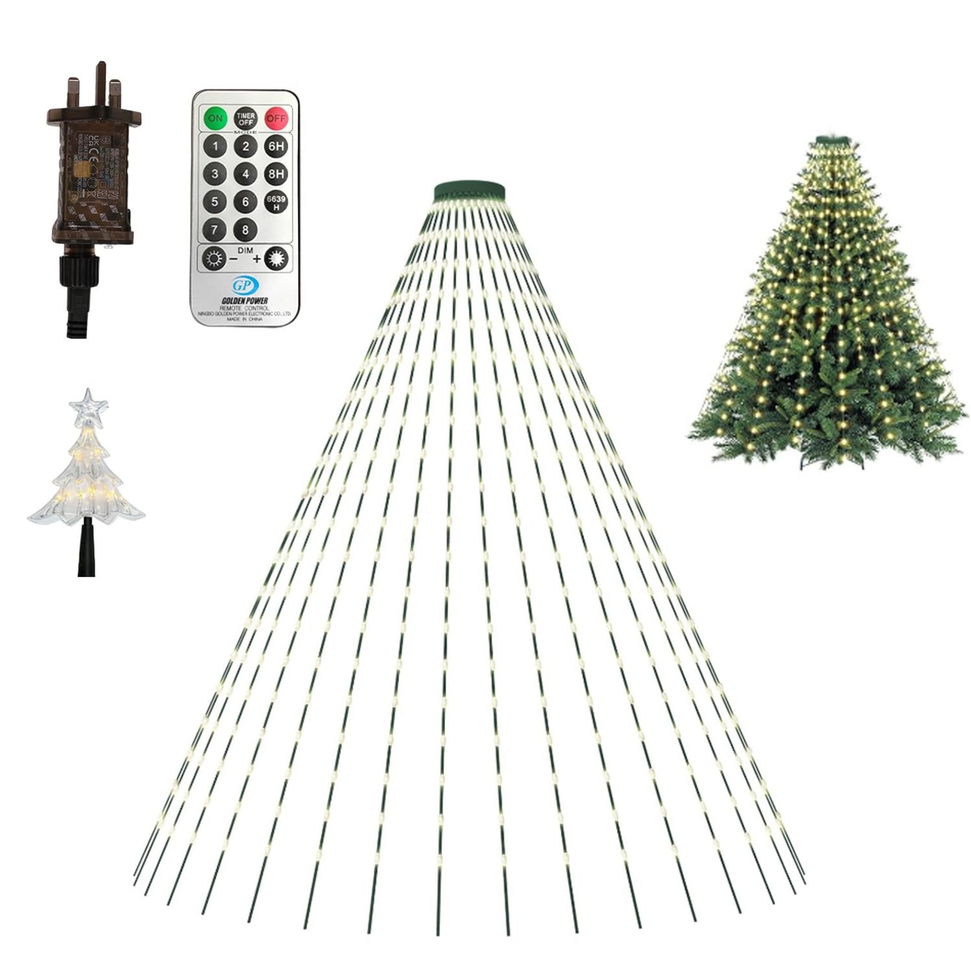 2M Christmas Tree Lights 350 LEDs 8 Modes Waterproof with Star Topper & Remote - Dark Green 2M