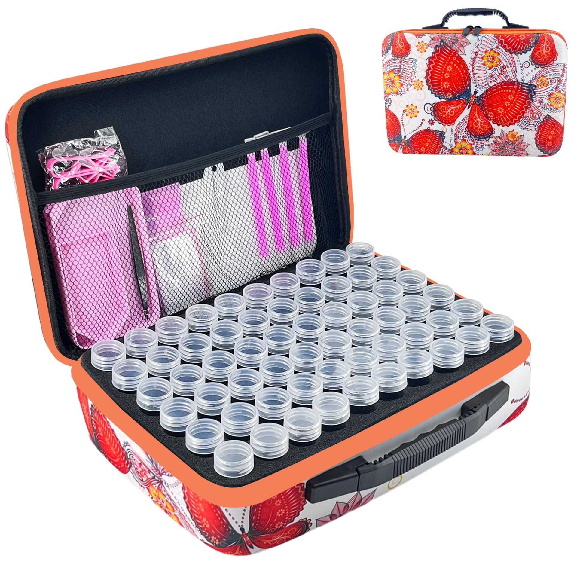 Diamond Painting Storage Box 120 Slot Jars Organiser with Tools and Accessories Kit for Beads and Jewellery - Orange Large