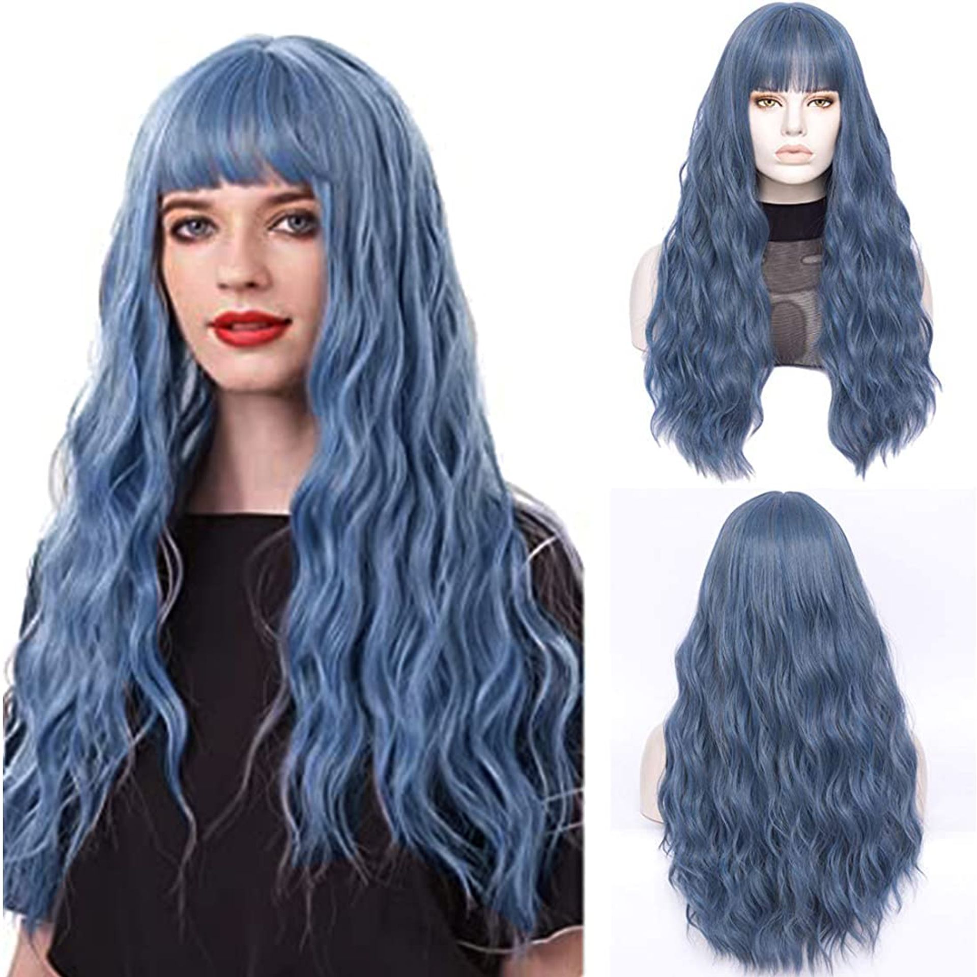 Long Curly Synthetic Wig with Bangs for Women and Girls Heat-Resistant - Teal