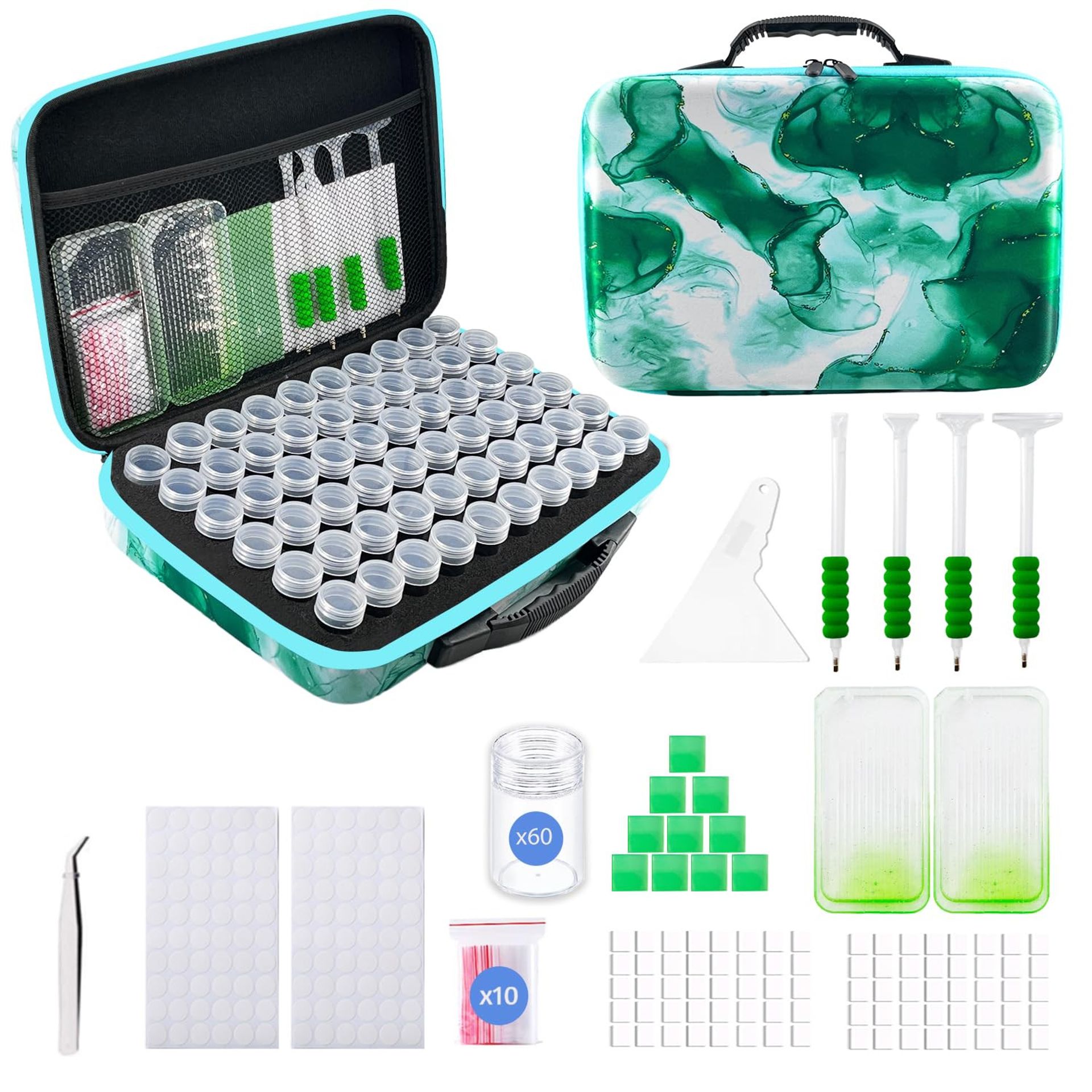 Diamond Art Storage Containers 60-Slot Bead Organiser Case with Dot Drill Tools for 5D DIY Diamond Painting Kits - Green M