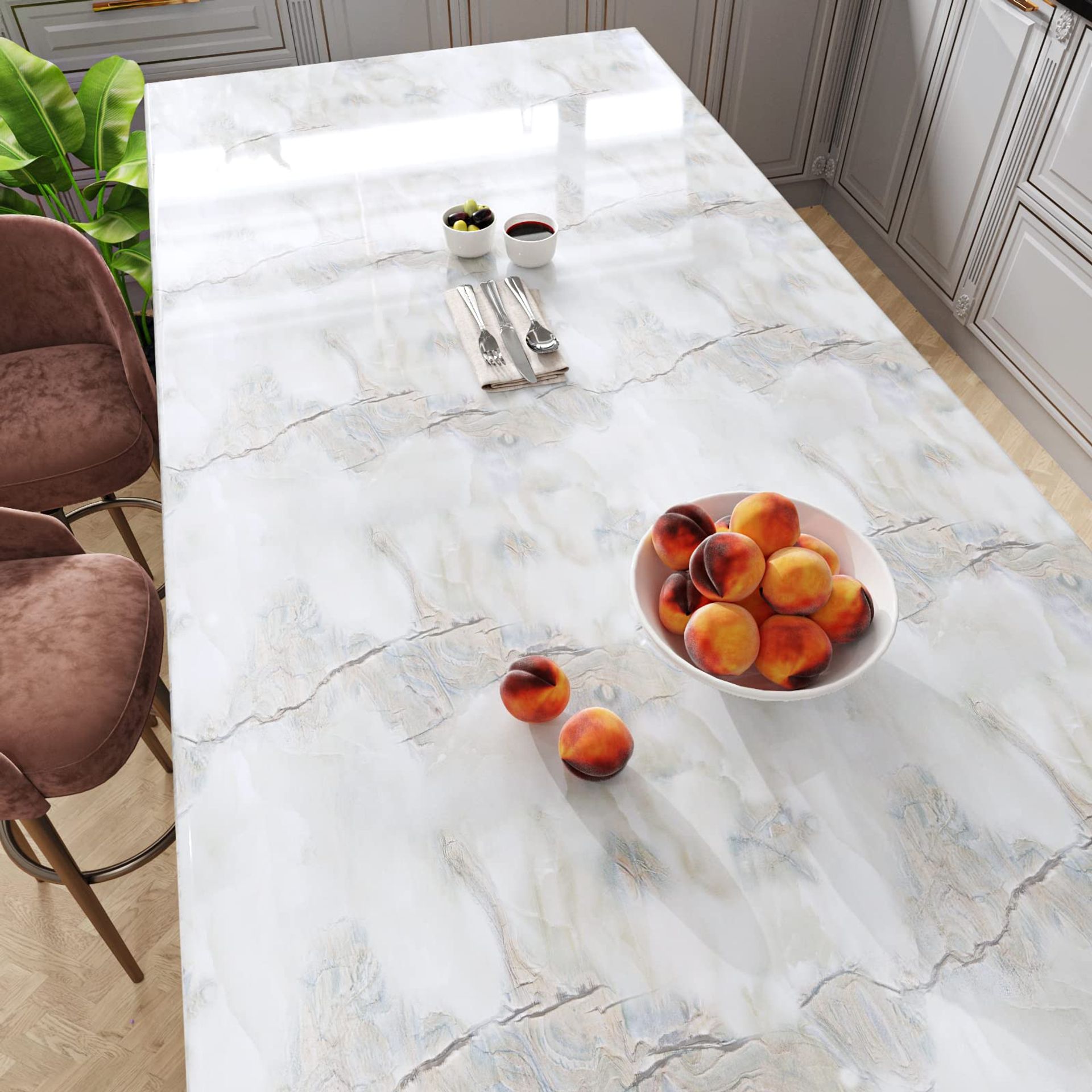 Self Adhesive Marble Vinyl Wallpaper Glossy Waterproof Countertop Wrap - Grey White 40cmx800cm