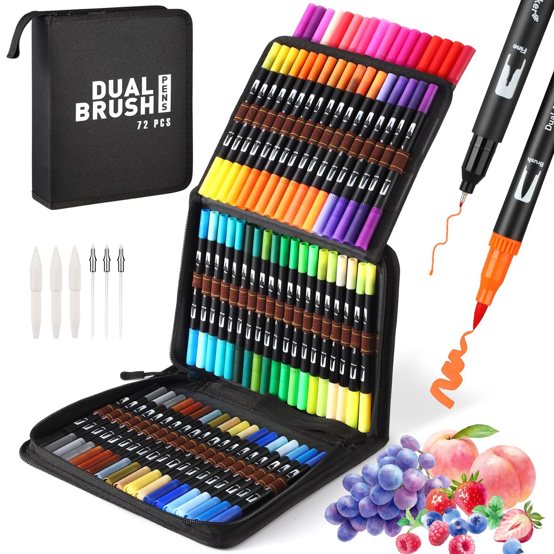 Dual Tip Brush & Fineliner Colouring Pens Set 72 Watercolour Markers with Case for Adult & Kids Art Drawing - Multicoloured 72 Colours