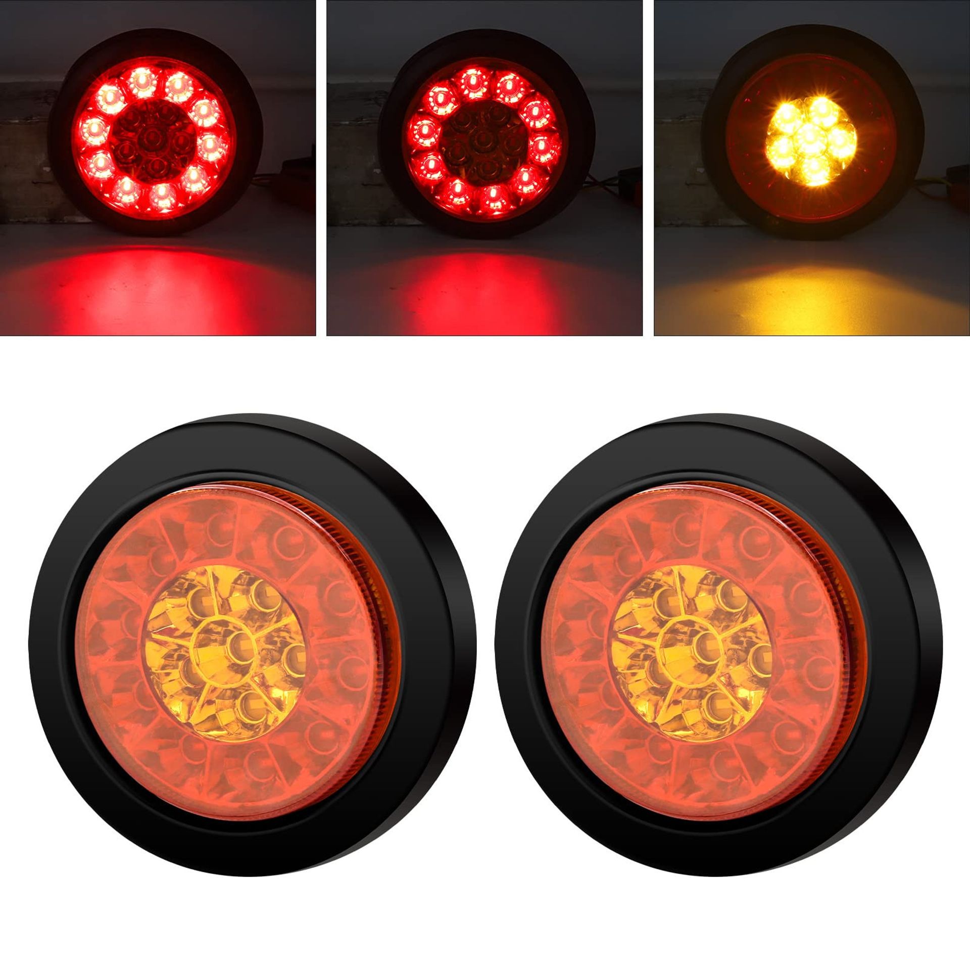 Round LED Truck Tail Brake Light Set 2PCS Trailer Rear Stop Indicators Waterproof 16 LED Lamps - Red and Yellow