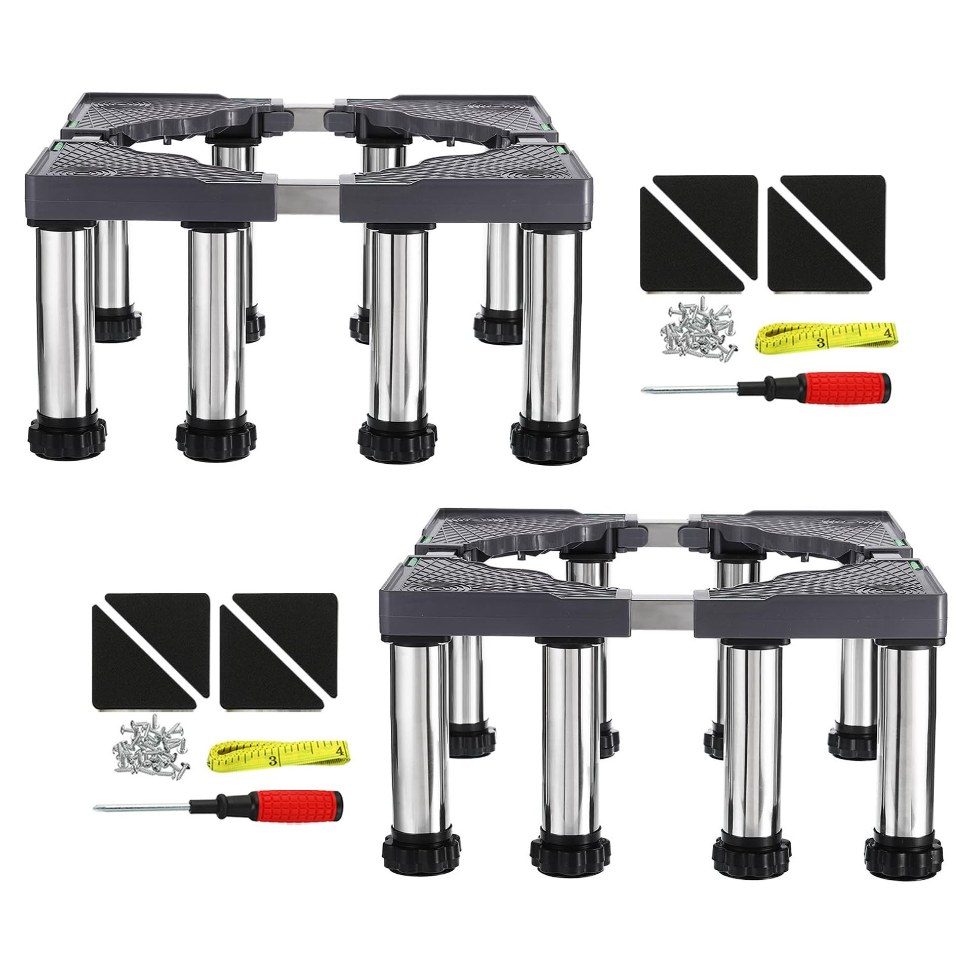 Mini Fridge and Washing Machine Stand Adjustable Anti-Vibration Base 8 Feet Set of 2 - Stainless Steel 11.4"-12.6" Height