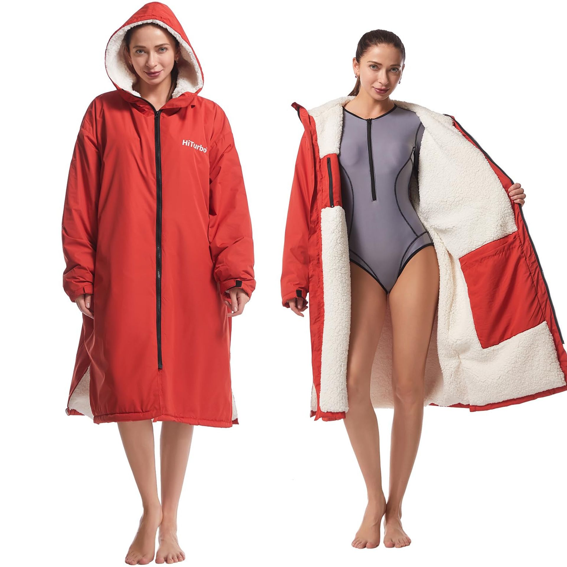 Waterproof Adult Changing Robe Windproof Warm Surf Poncho with Fleece Lining - Red One Size