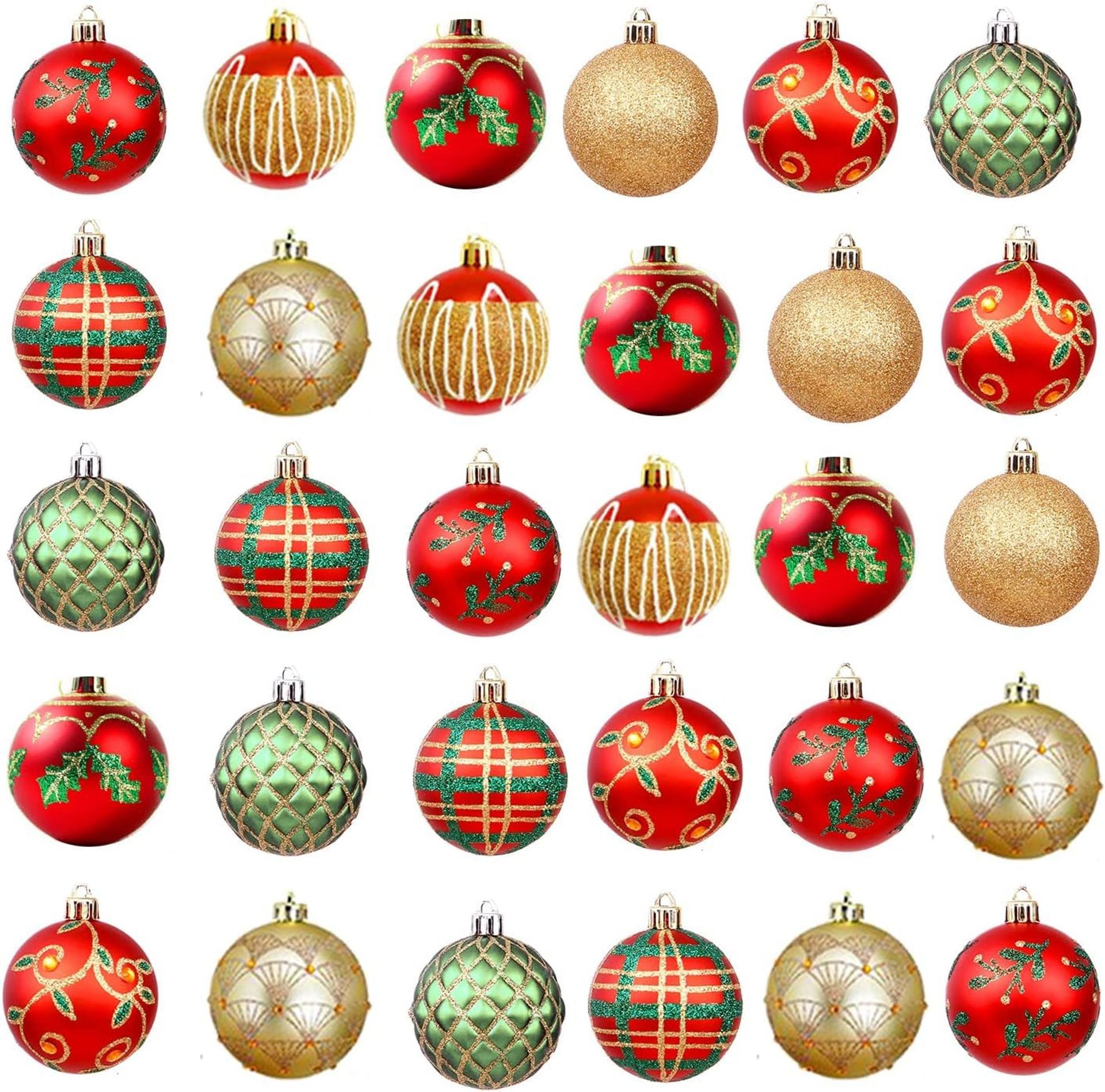 30Pcs Christmas Tree Decorations Shatterproof Baubles 6cm Ornaments Set - Red Gold and Green