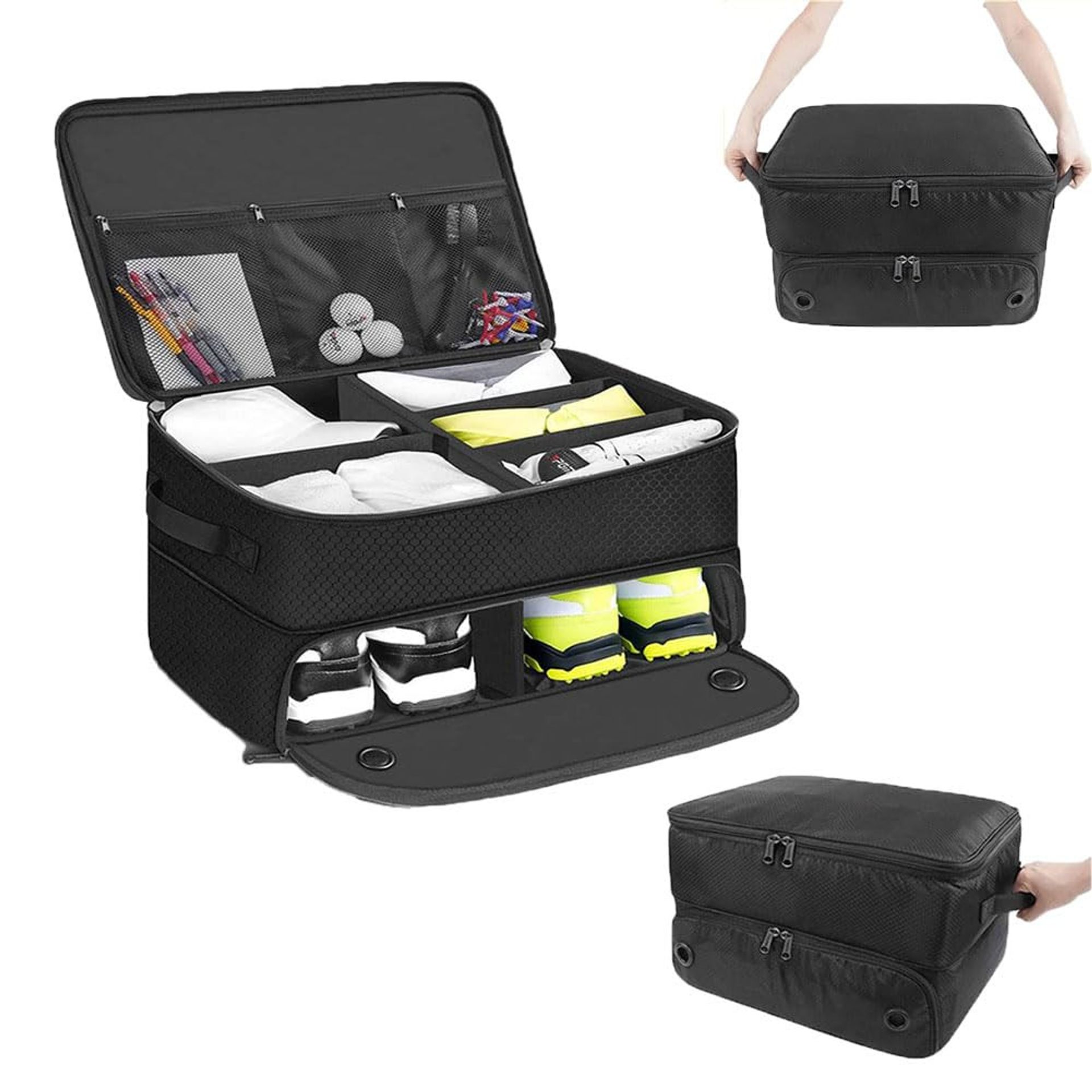 Golf Trunk Organiser 3-Layer Car Locker Bag with Shoe Compartments for Golf Accessories - Black One