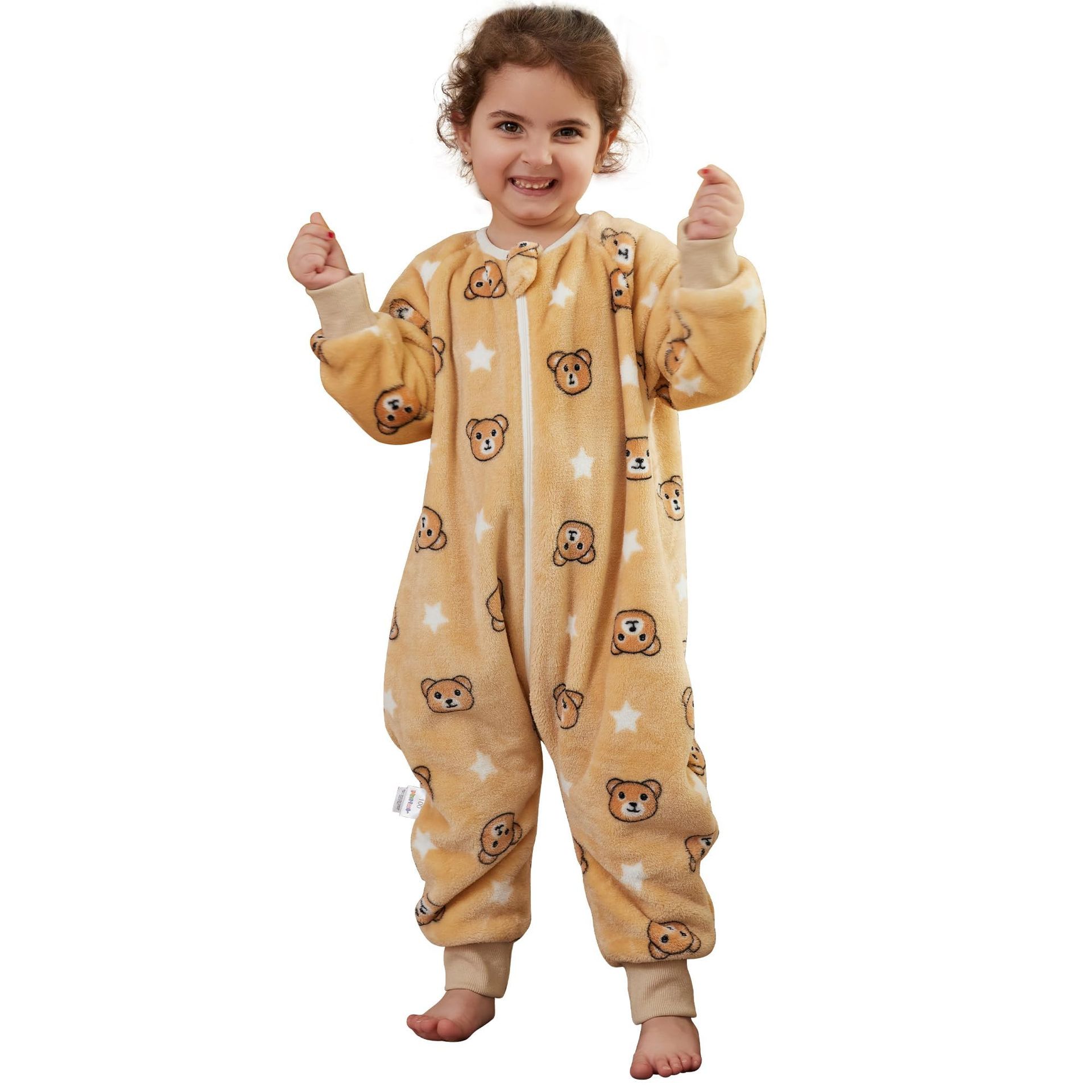 Unisex Baby Flannel Long Sleeve Sleeping Bag with Legs Triple Zipper Cartoon Wearable Blanket - Brown Bear 9-18 Months