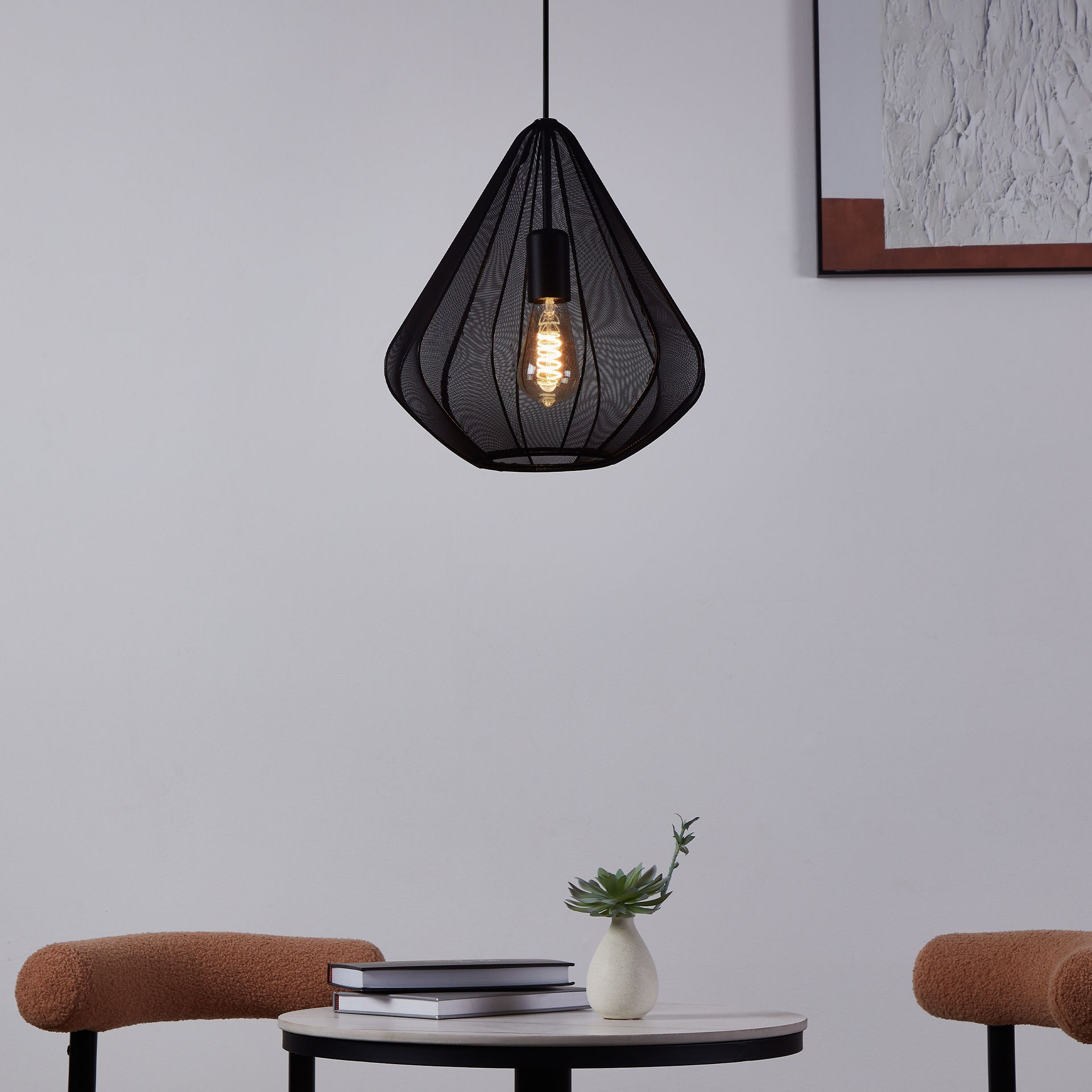 DOLWEN Single Pendant Light – Black Diamond Fabric Shade Ø33.5cm E27