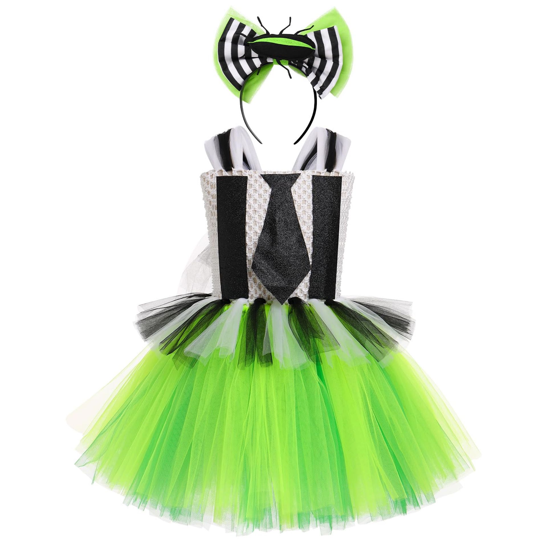 Girls Halloween Tutu Dress Black and White Striped Sleeveless Cosplay Outfit with Headband - Black Green 8-9 Years