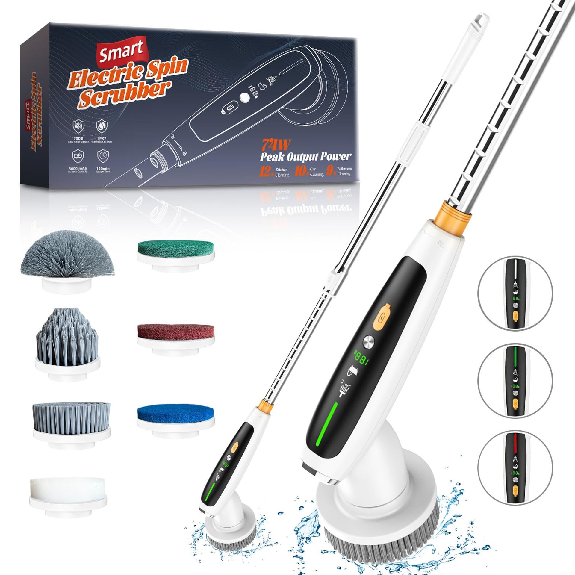 Electric Cleaning Brush Spin Scrubber with Long Handle & 7 Replaceable Heads, 400RPM Power & 2 Speed Modes - White L