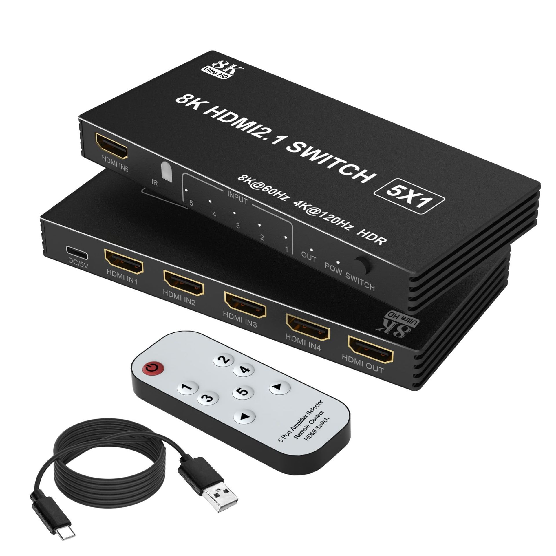 HDMI Switch 5 in 1 Out 8K@60Hz HDMI 2.1 Selector Splitter with Remote for PS5, Xbox, TV & PC - Black
