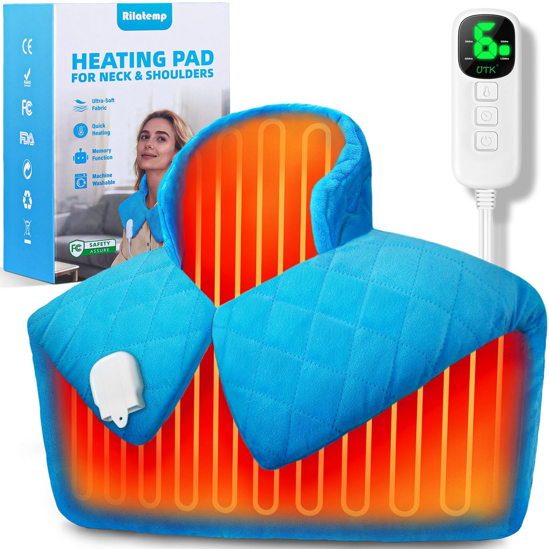 Electric Neck and Shoulder Heat Pad 6 Heating Levels Auto-Off Deep Pain Relief Wrap - Blue 19x24in
